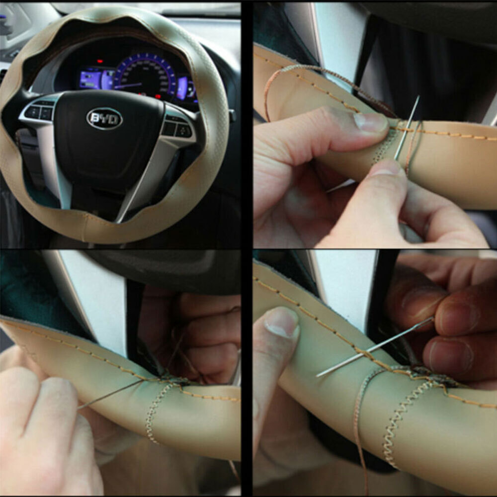 FLY5D Universal Car Steering Wheel Cover Genuine Leather Stitch on Wrap (Size m, Beige)