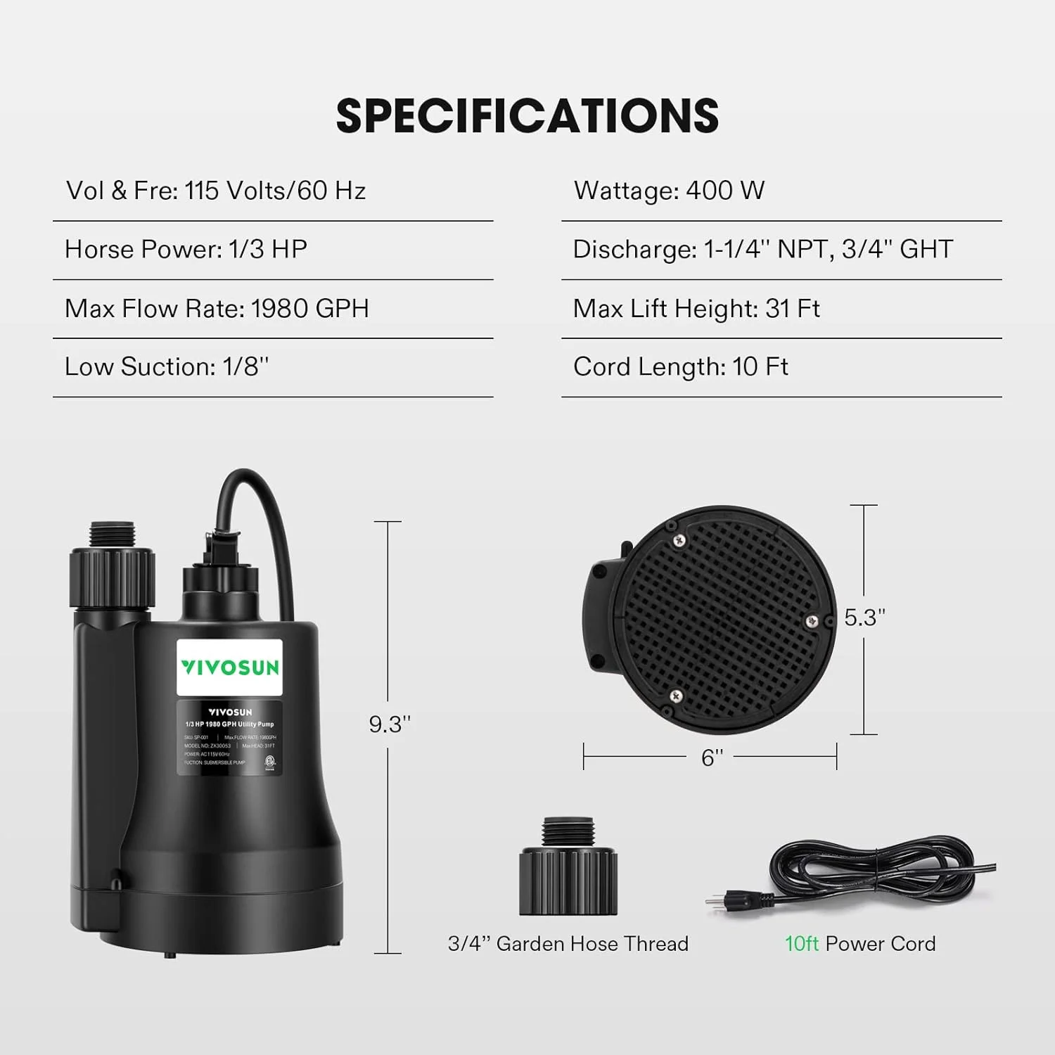 VIVOSUN Submersible Water Sump Pump, 1/3HP 1980GPH Utility Pump, Thermoplastic Sump Pump with 10ft Cable