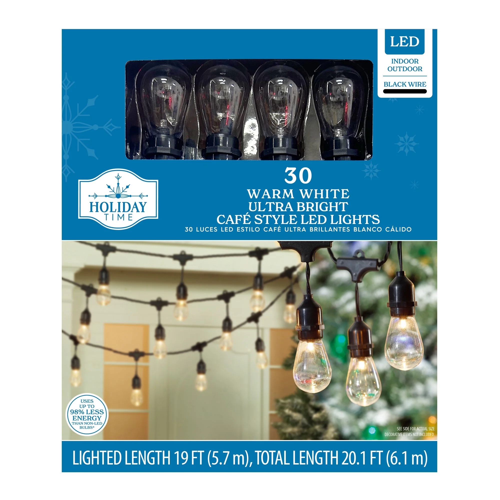 30-Count Warm White Ultra Bright LED Cafe Style Christmas Lights on Black Wire, 20.1', Holiday Time