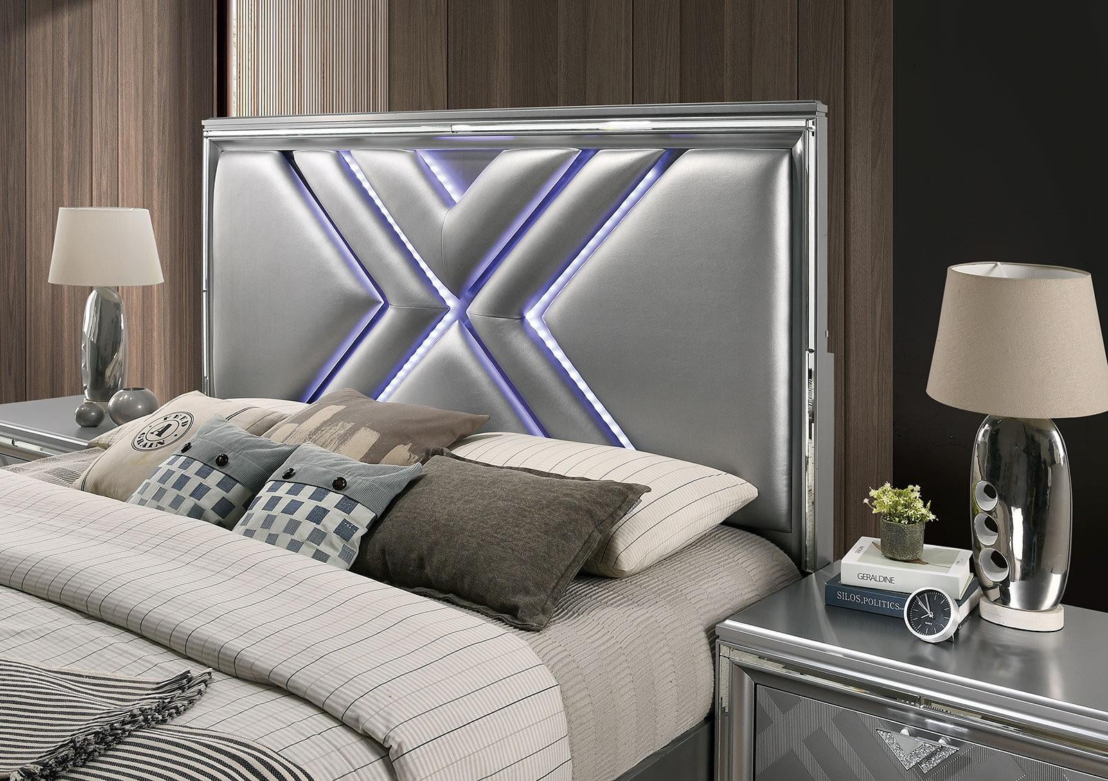 Contemporary Silver Solid Wood King Bedroom Set 5pcs FOA FOA7147 Emmeline