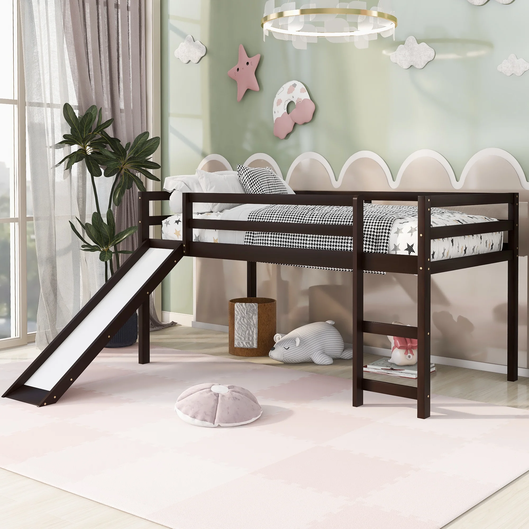 Gewnee Twin Size Loft Bed with Slide,Pine Wood Low Loft Bed with Ladder for Kid's Bedroom,Espresso