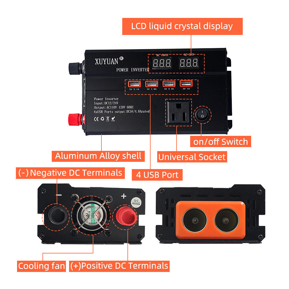 Paddsun 3000W Car Power Inverter DC 12V To AC 110V Pure Sine Wave Converter LCD