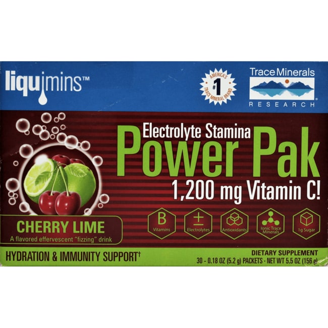 Trace Minerals | Power Pak Electrolyte Powder Packets | 1200mg Vit C | Cherry Lime | 156g 30 Packets