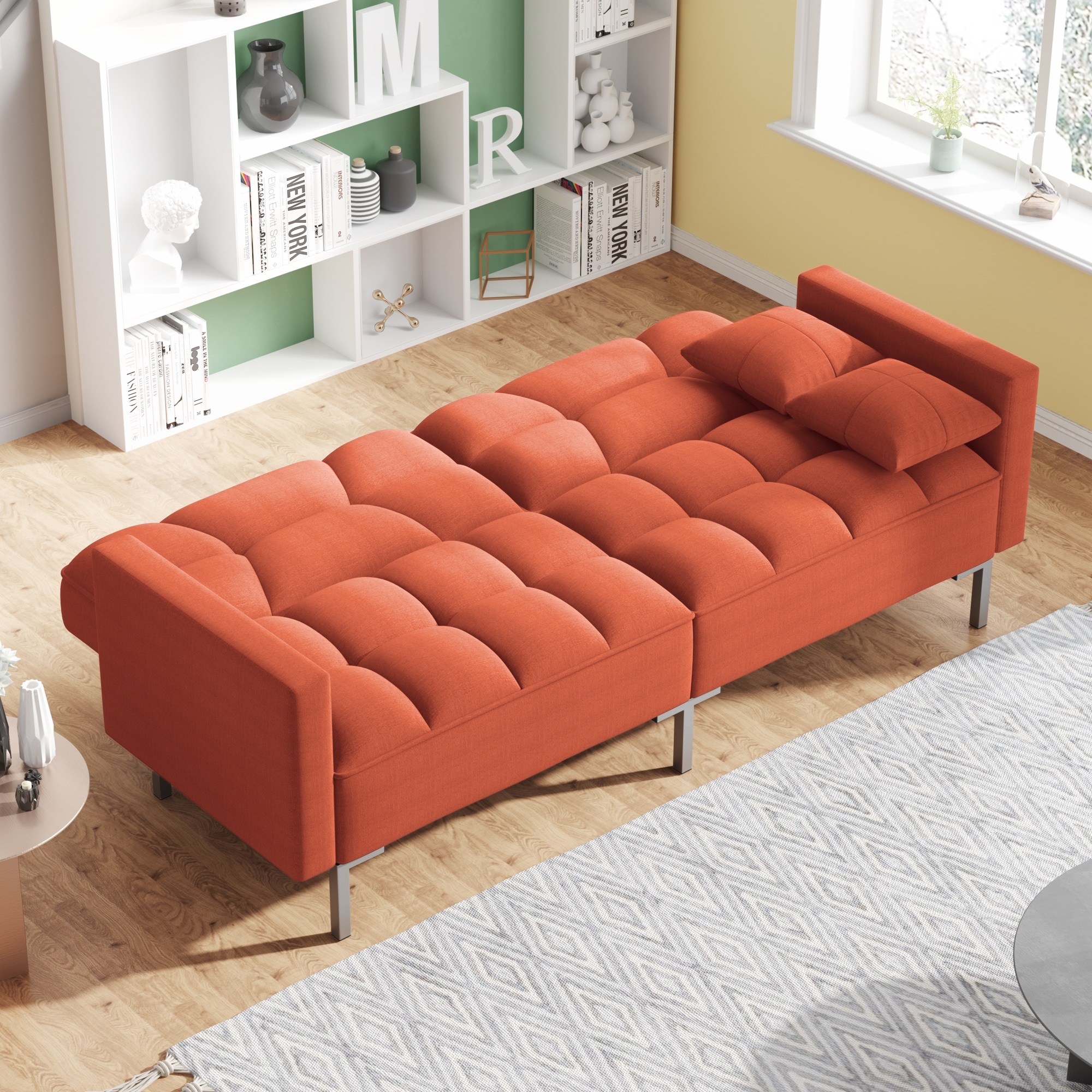 2 in 1 Linen Futon Sleeper Sofa Convertible Recliner Loveseat, Orange