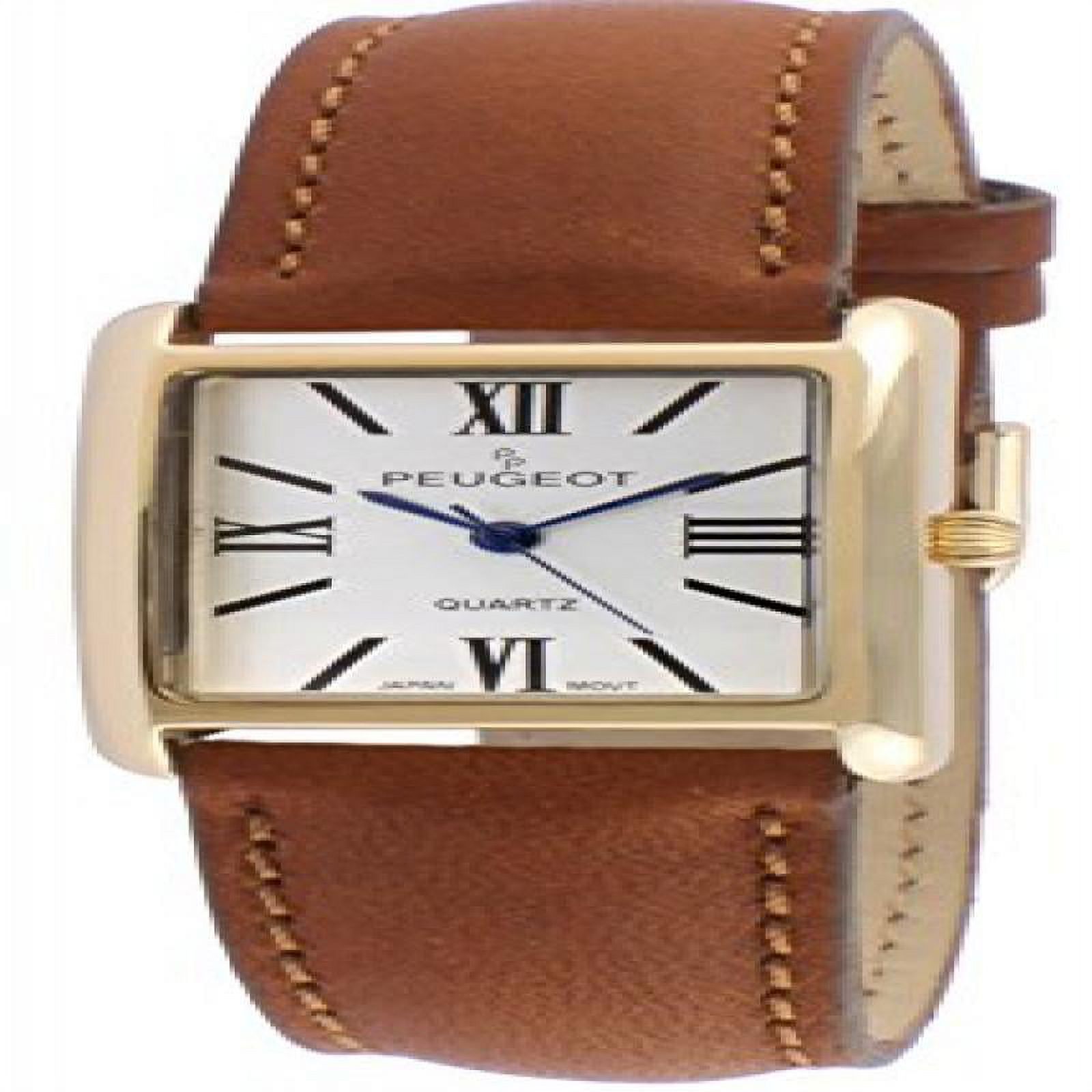 Peugeot Women's '14k Gold Plated Tank Roman Numeral Band' Quartz Stainless Steel and Leather Dress Watch, Color:Brown (Model: 3036BR)