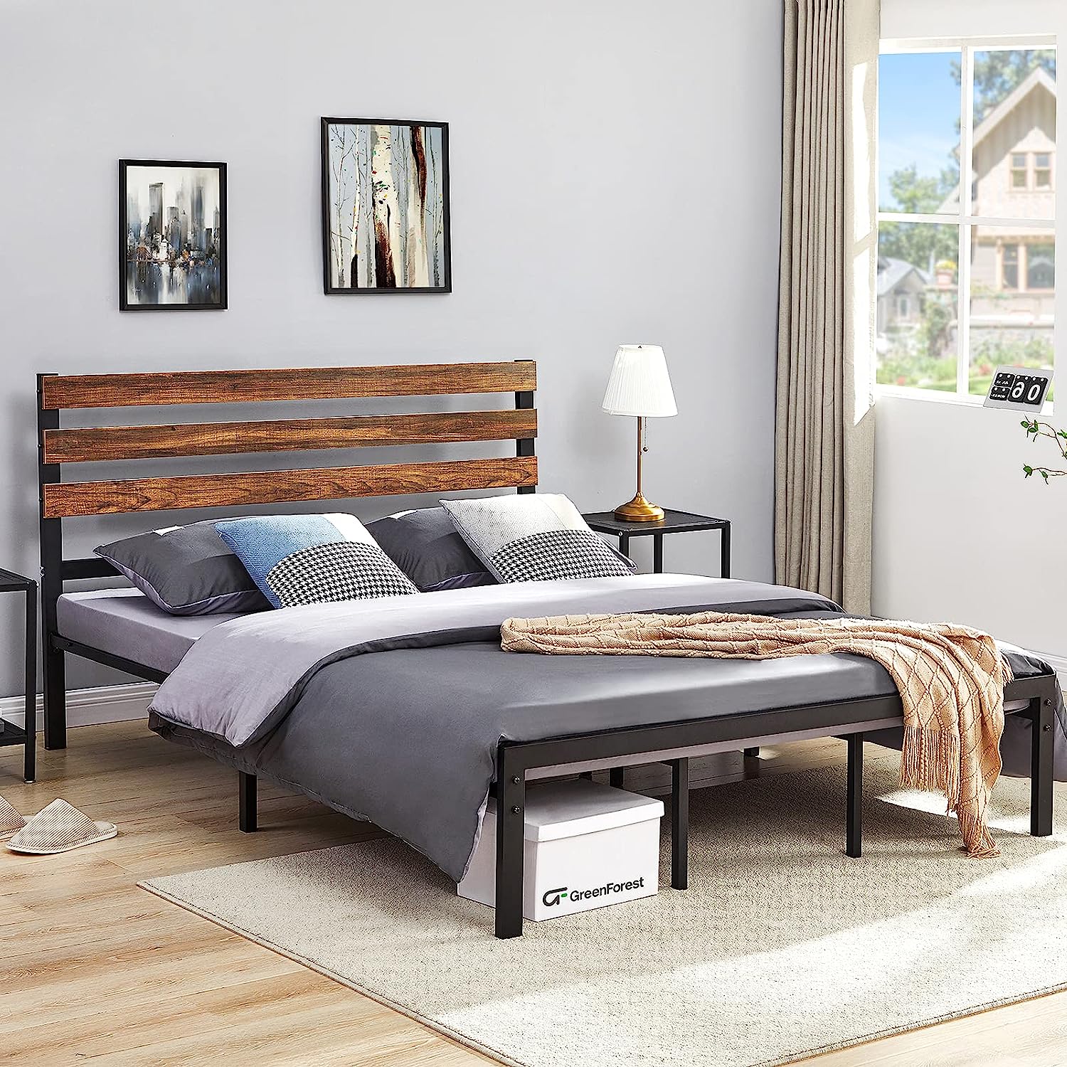 Queen Bed Frame with Wooden Headboard Platform Bed with Metal Support Slats NO-Noise Heavy Duty Bed Industrial Country Style with 9 Strong Legs  No  Box Spring  Queen