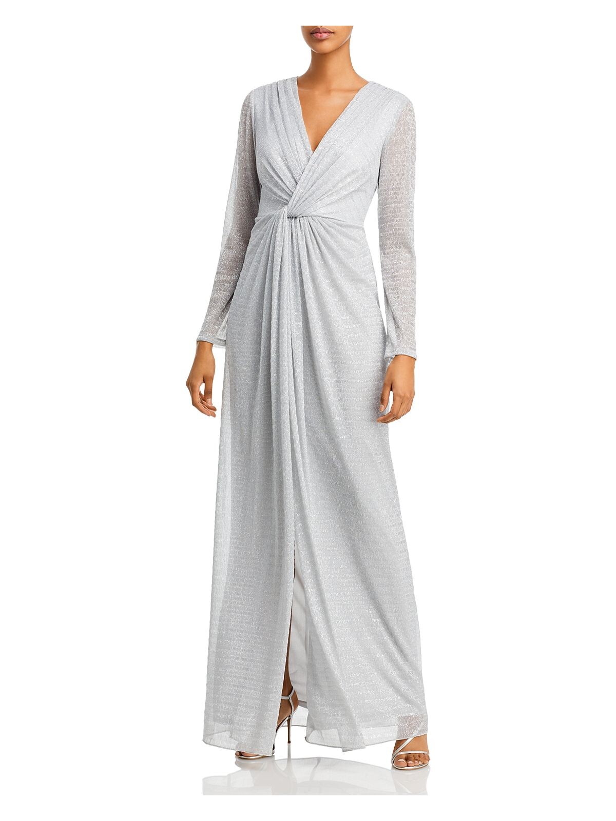 ADRIANNA PAPELL Womens Silver Zippered Slitted Gathered Twist Front Long Sleeve Surplice Neckline Full-Length Evening Gown Dress 2