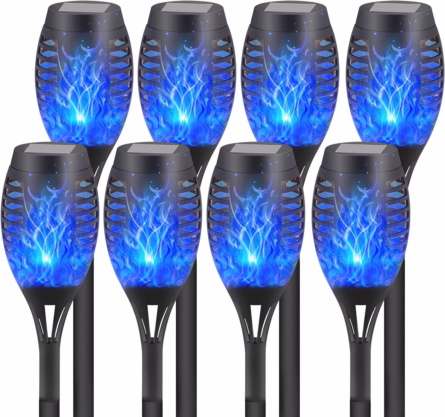 8PCS Blue Flickering Flame Solar Lights 12 LED Solar Tiki Torches Solar Powered Pathway Lights Waterproof Landscape Lawn Outdoor Lights for Outside Garden Yard Patio Xmas Decoration