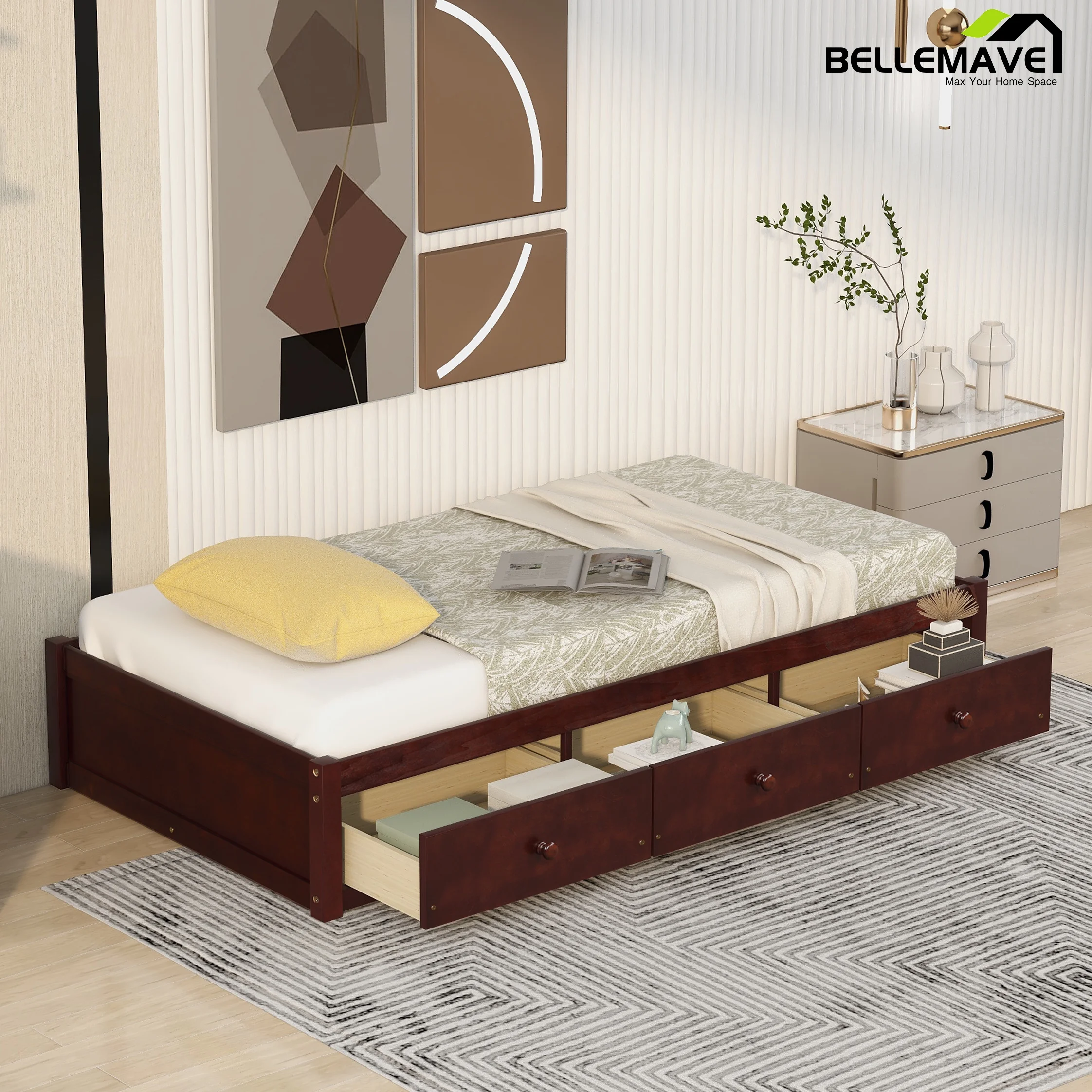 Bellemave Twin Size Platform Bed with Storage Drawers Twin Size Storage Bed with Wooden Slats Space Saving Wood Bed Frame for Kids Teens No Box Spring Needed, Cherry Brown