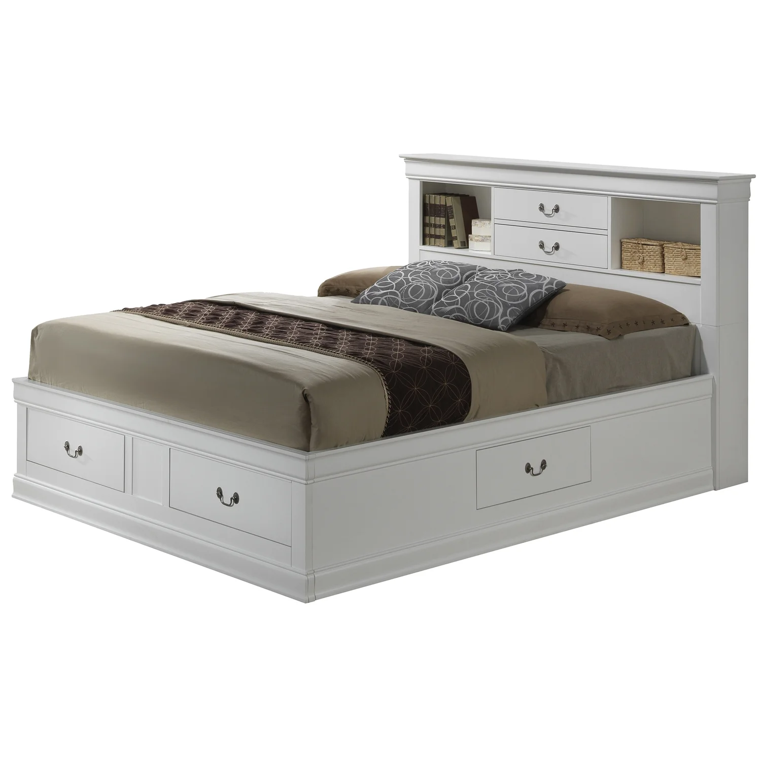 Passion Furniture Louis Philippe White Full Storage Platform Bed with 6 Storage Drawers