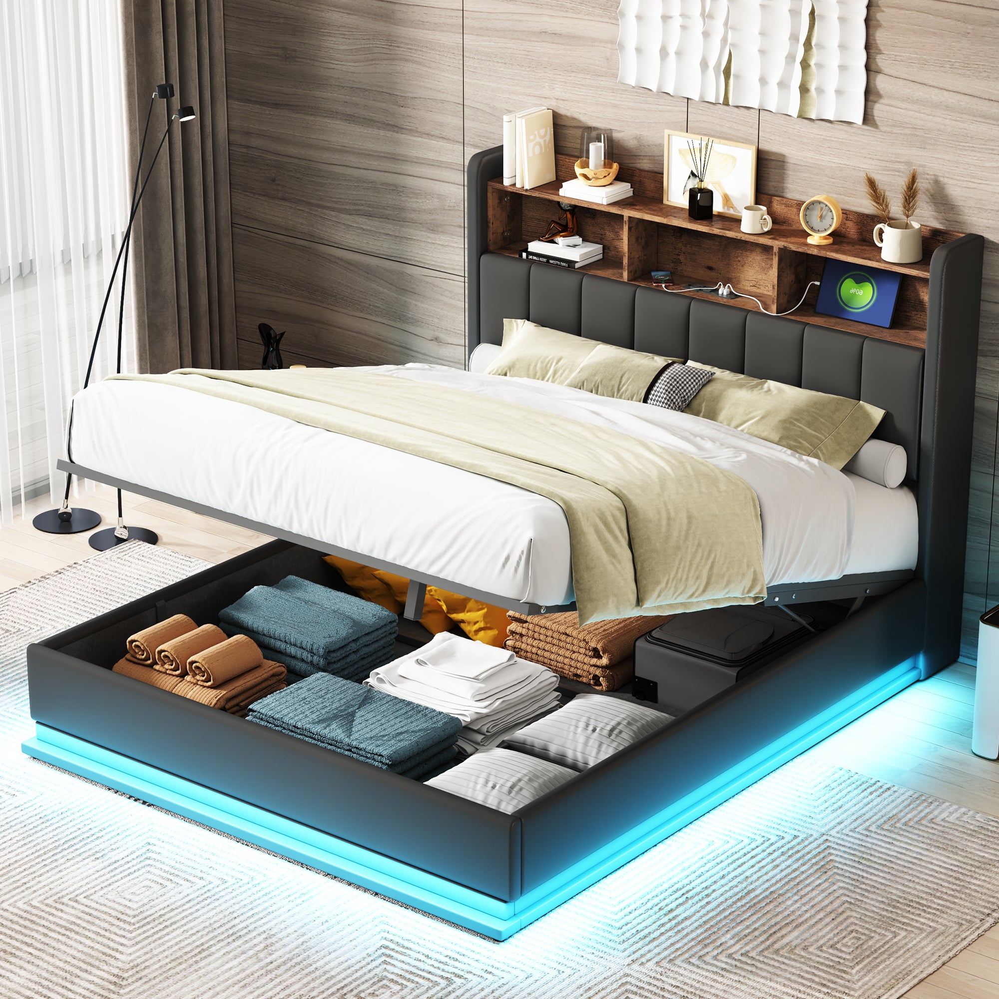 Pak Queen Size Platform Bed with Storage Headboard - Black