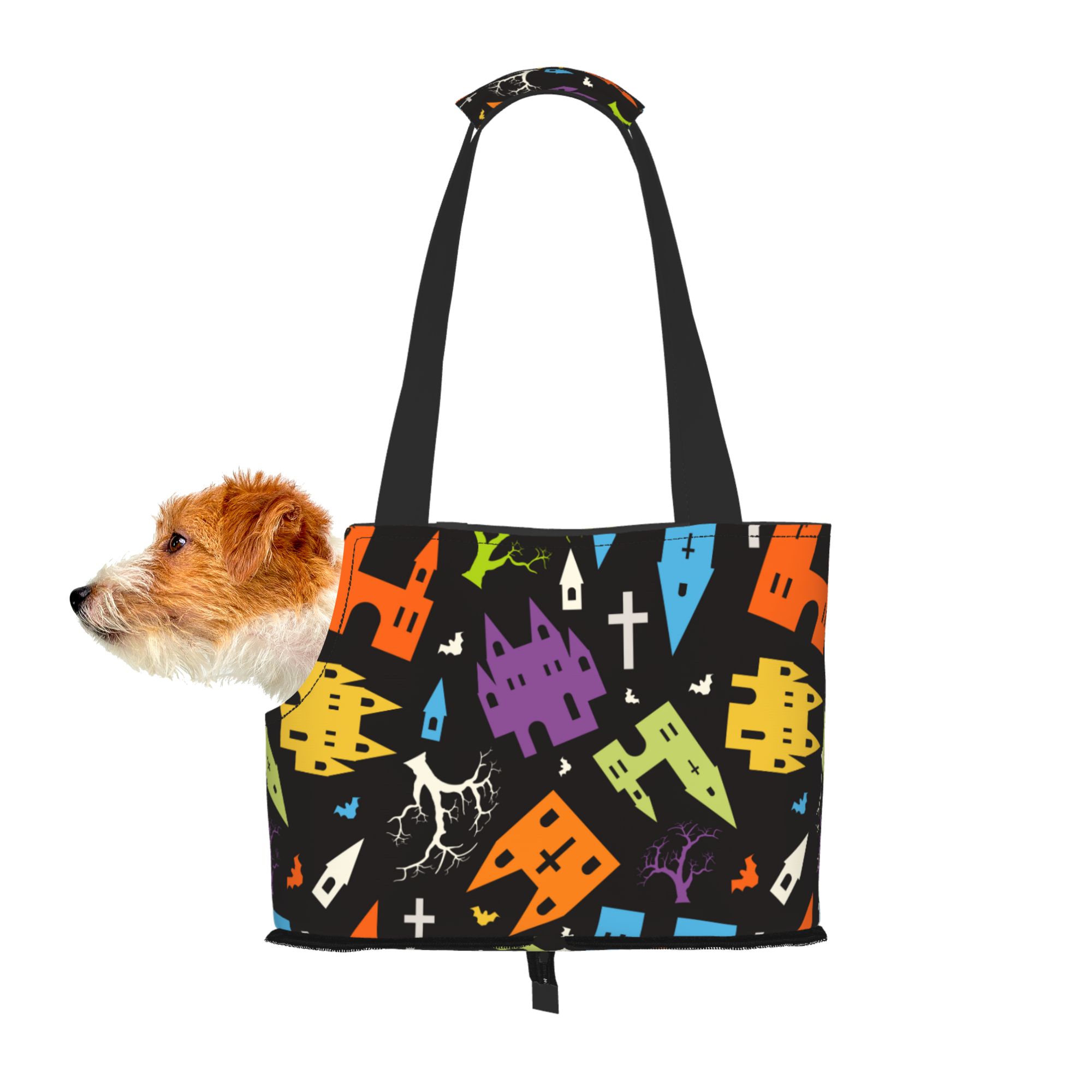 TEQUAN Foldable Dog Purse Carrier, Collapsible Halloween Fantasy Cartoon Castle Prints Pet Travel Tote Bag for Small Cat Puppy, Waterproof Dog Soft-Sided Carriers