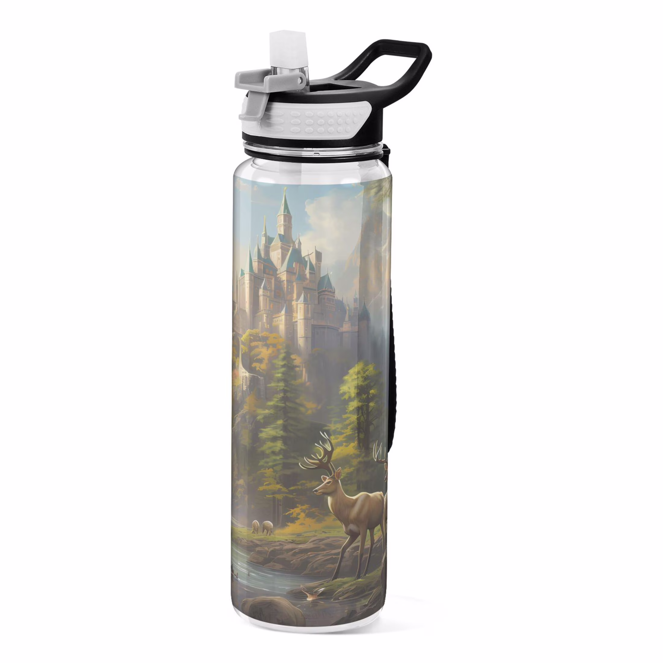 Deers in Magic Landscape 32oz Water Bottles with Straw Tritan Leakproof Sports Bottle BPA Free Clear for Fitness Gym Swimming Cycling