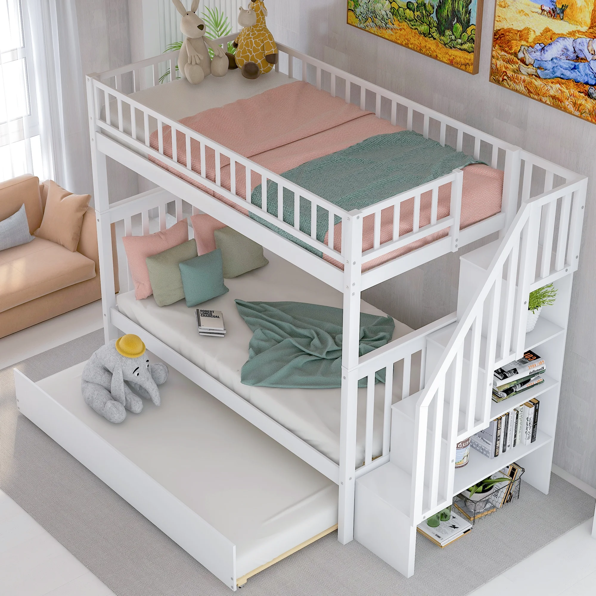Euroco Twin over Twin Bunk Bed with Trundle and Storage Shelves for Kids Room, White