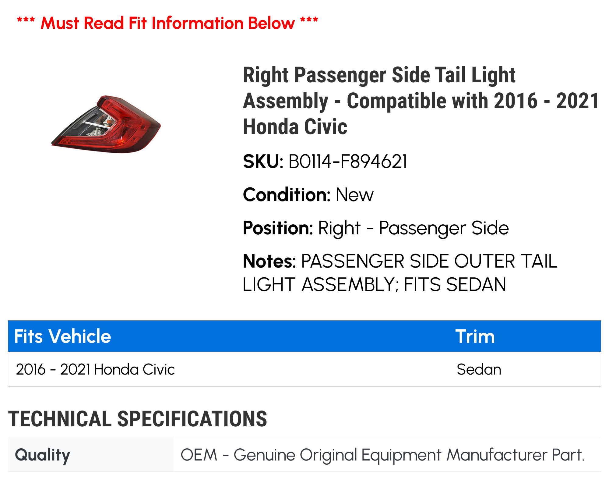 Right Passenger Side Tail Light Assembly - Compatible with 2016 - 2021 Honda Civic 2017 2018 2019 2020