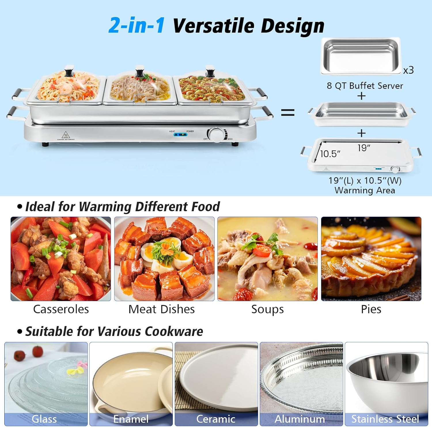 Food Warmer Buffet Server, 450W Stainless Steel Electric Warming Tray, Adjustable Temperature, Transparent Lids w/Spoon Slot, 8 Quart Chafing Dish Set for Parties, Banquets, Catering Events