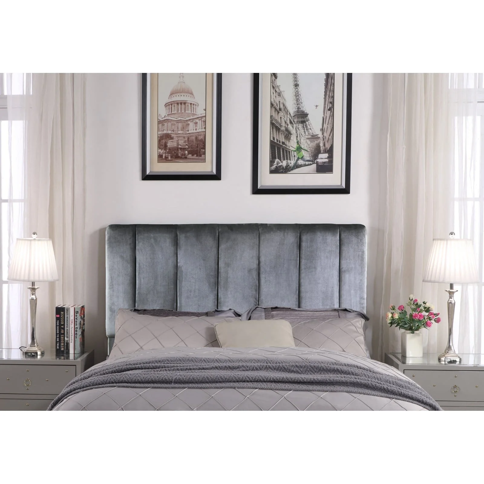 Siraj Headboard Velvet Upholstered Vertical Striped Modern Transitional