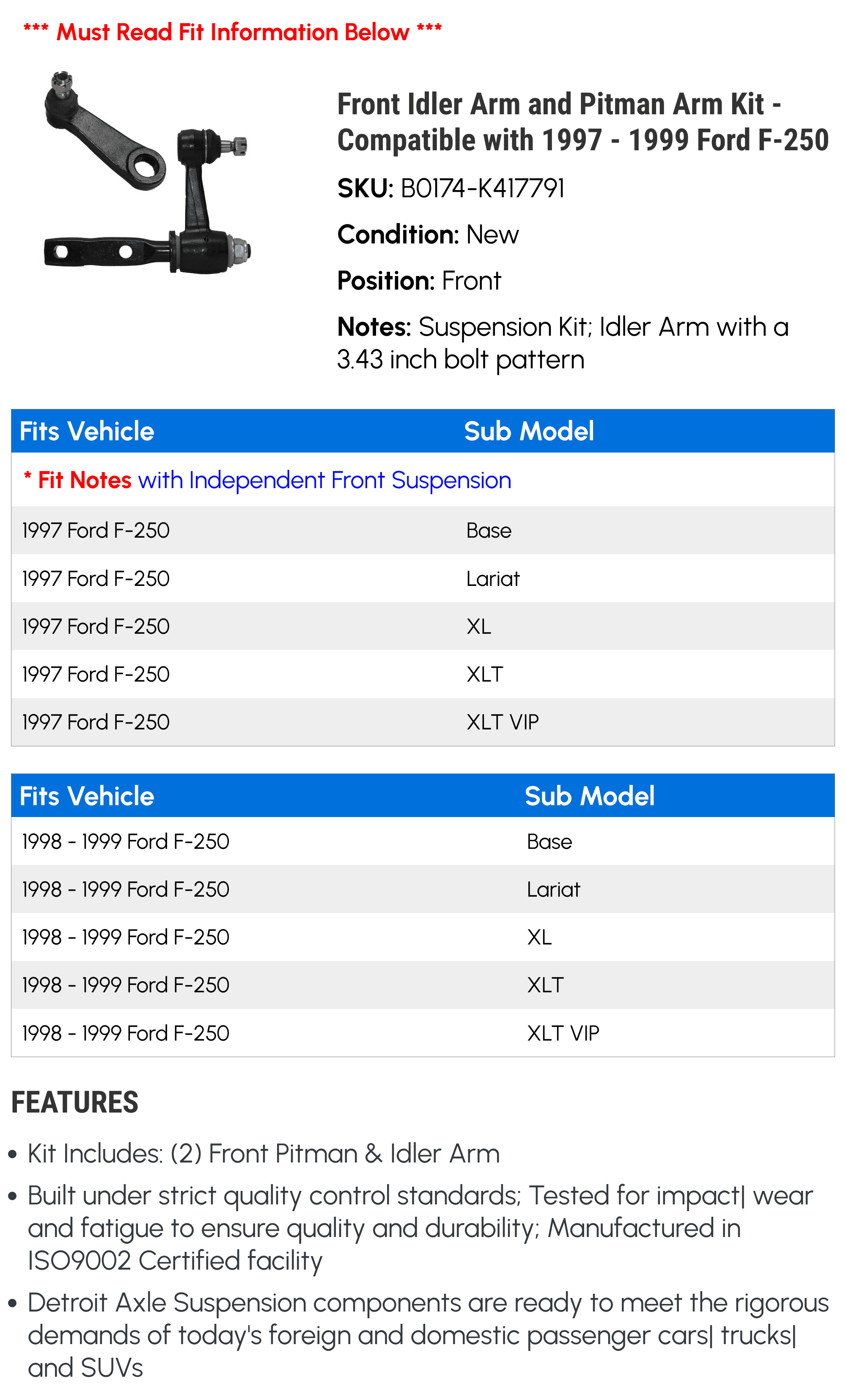 Front Idler Arm and Pitman Arm Kit - Compatible with 1997 - 1999 Ford F-250 1998