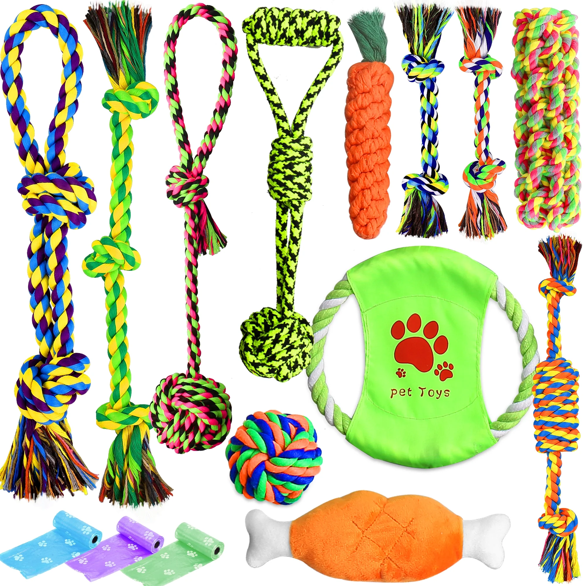 UPSKY Dog Rope Toys 15 Pack Interactive Puppy Chew Teething for Boredom, Cotton Rope Durable Toys