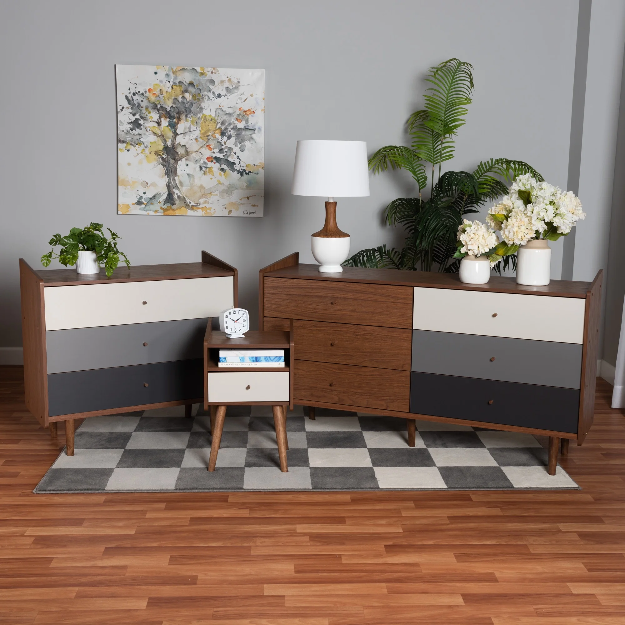Baxton Studio Halden Mid-Century Modern Multicolor Walnut Brown and Grey Gradient Finished Wood 3-Piece Storage Set
