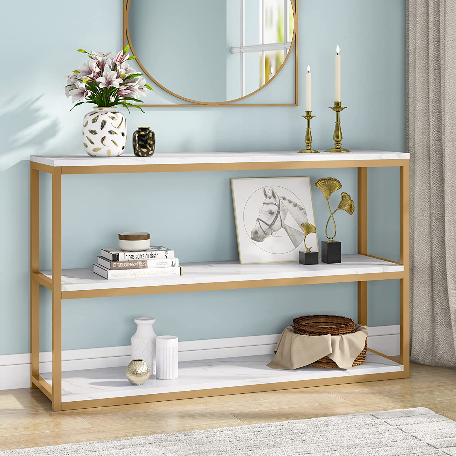 Tribesigns 3 Tier Console Table, Entryway  Hallway Table with Faux Marble Top and Metal Frame, Grey White & Gold