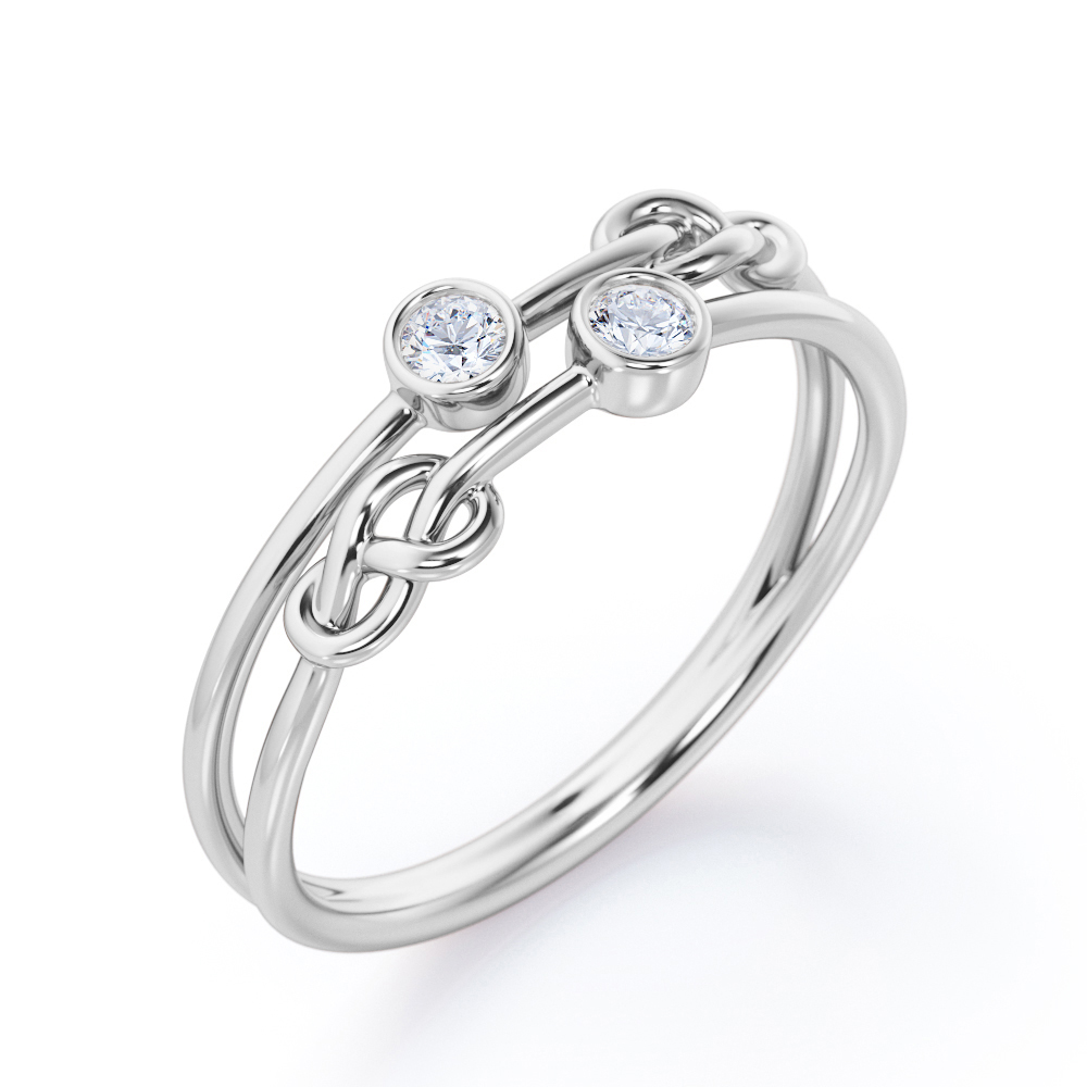 JeenMata Split Shank 0.10 TCW Round Shaped Moissanite Double Bezel and Square Knot Stackable Ring in 18K White Gold Plating over Silver