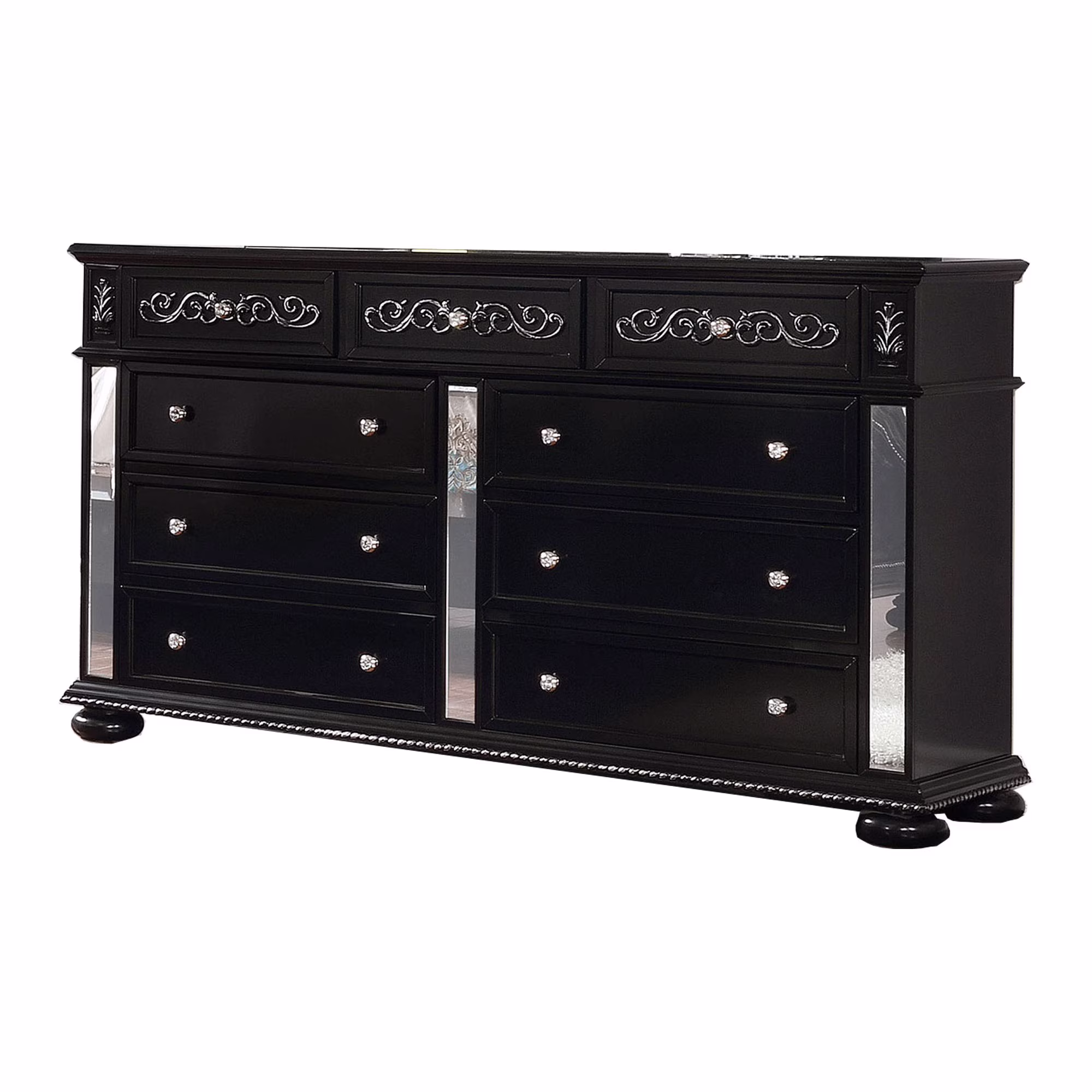 Wooden 9 Drawer Dresser with Mirror Inset and Bun Feet,Black and Clear