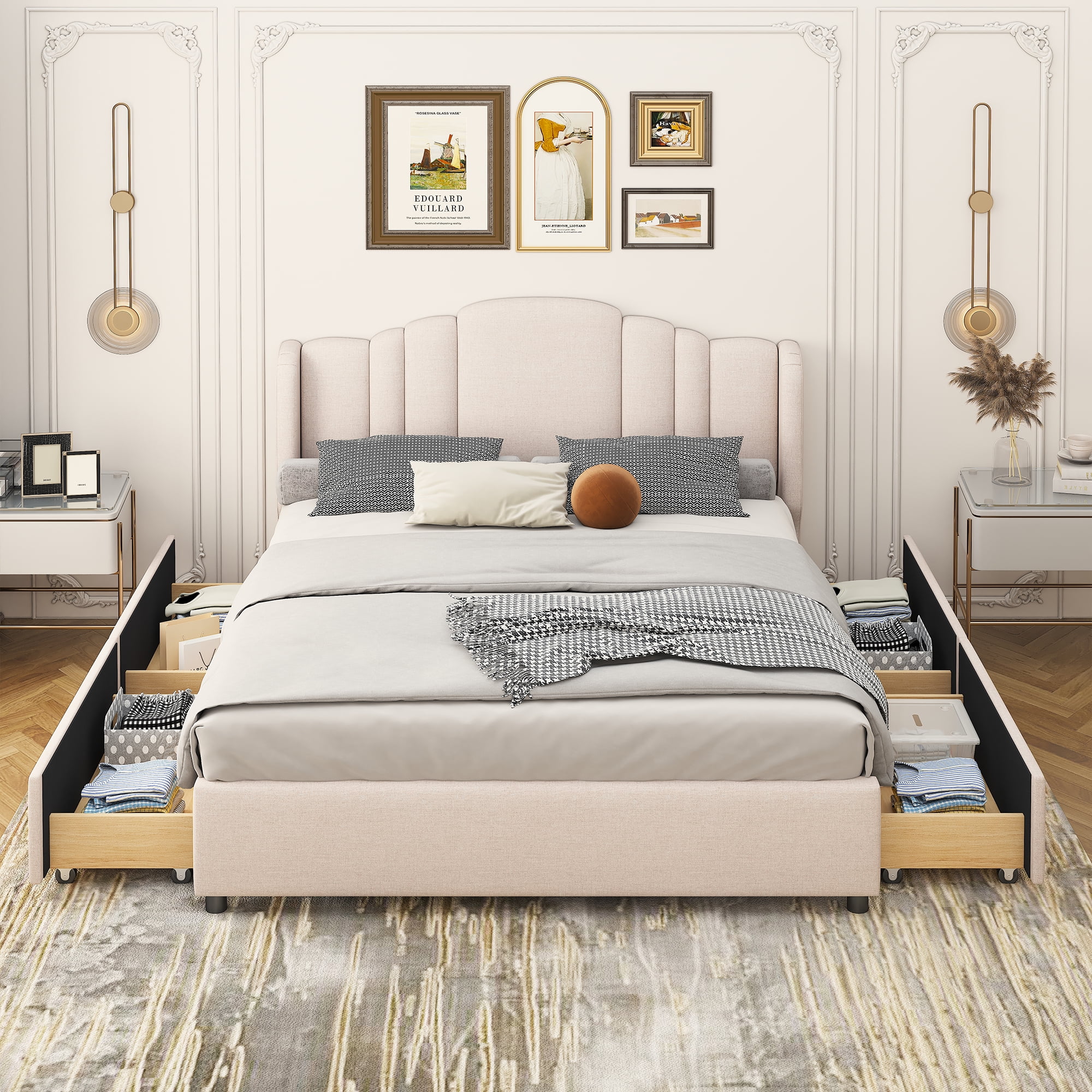 Queen Size Upholstered Platform Bed Frame with 4 Storage Drawers, Support Legs, Wooden Slats Support Mattress Foundation, No Box Spring Needed, in Linen Fabric(Beige)