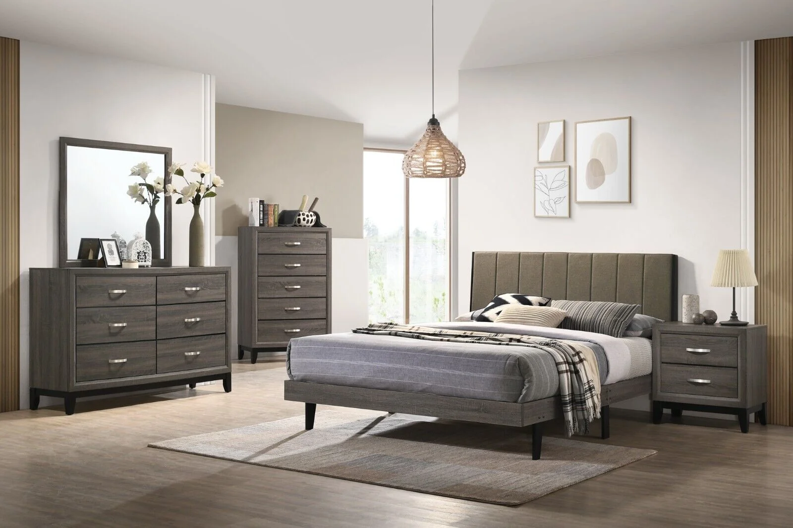 Modern Style Weathered Gray Finish 5pc Bedroom Set Queen Size Bed Nightstand Dresser Chest Mirror