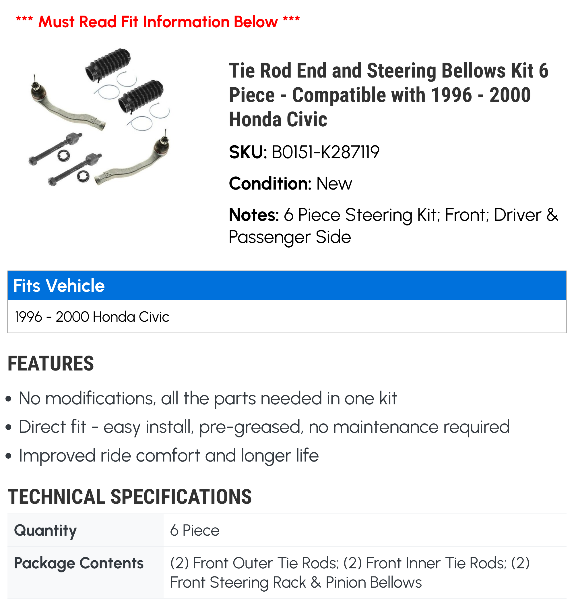 Tie Rod End and Steering Bellows Kit 6 Piece - Compatible with 1996 - 2000 Honda Civic 1997 1998 1999