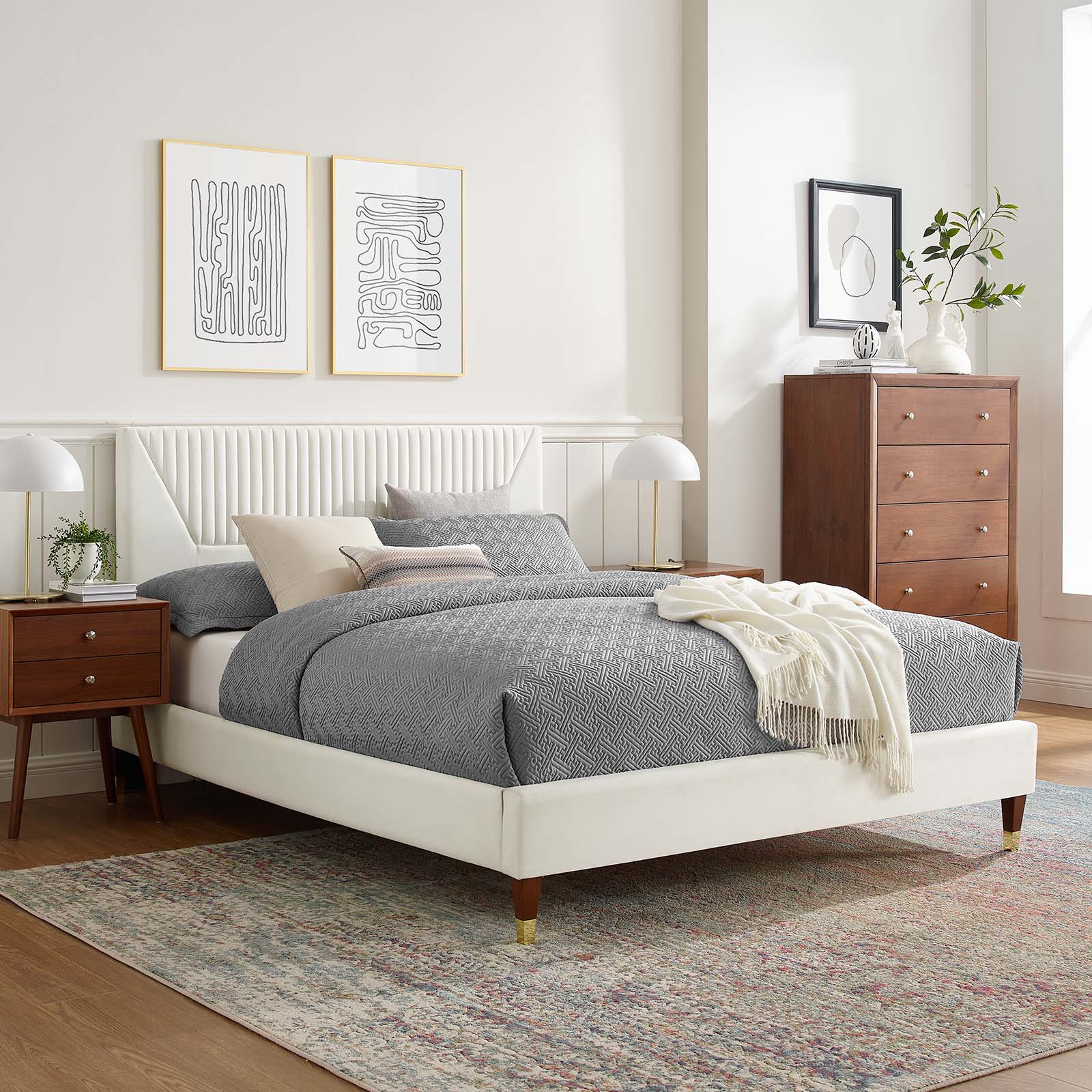 Modway Yasmine Channel Tufted Performance Velvet Queen Platform Bed in White