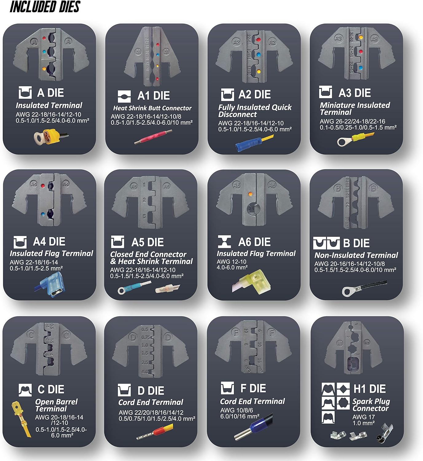 Interchangeable Ratcheting Terminal Crimper Set - 12 Sets With Wire Strippers (Insulated, Non-Insulated, Open Barrel)