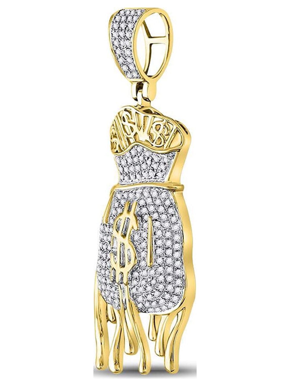 FB Jewels 10kt Yellow Gold Mens Round Diamond Dripping Money Bag Charm Pendant 1/2 Cttw