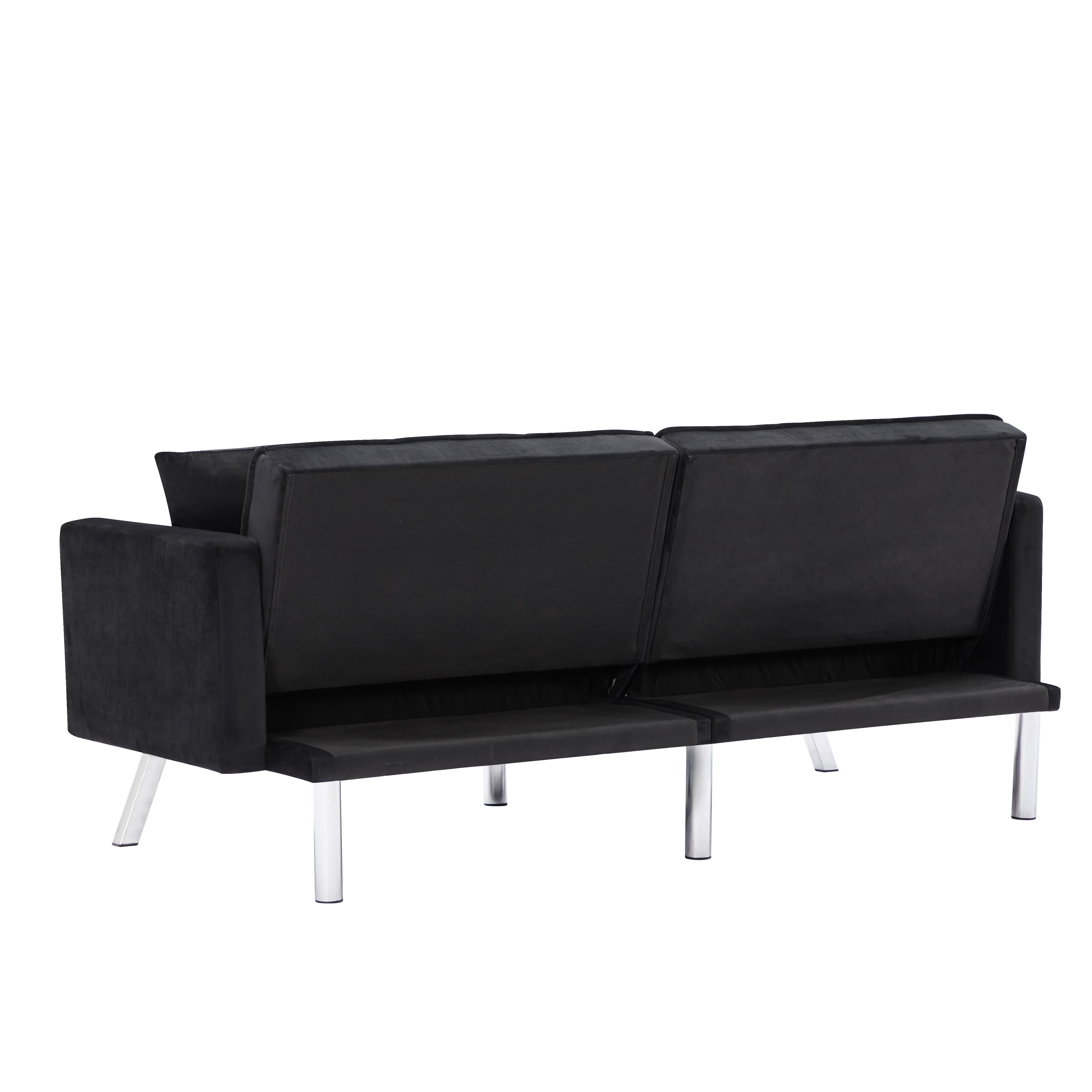 BSHTI Modern Velvet Futon Sofa Bed,Upholstered Tufted Convertible Sofa Sleeper with 2 Pillow(Black)