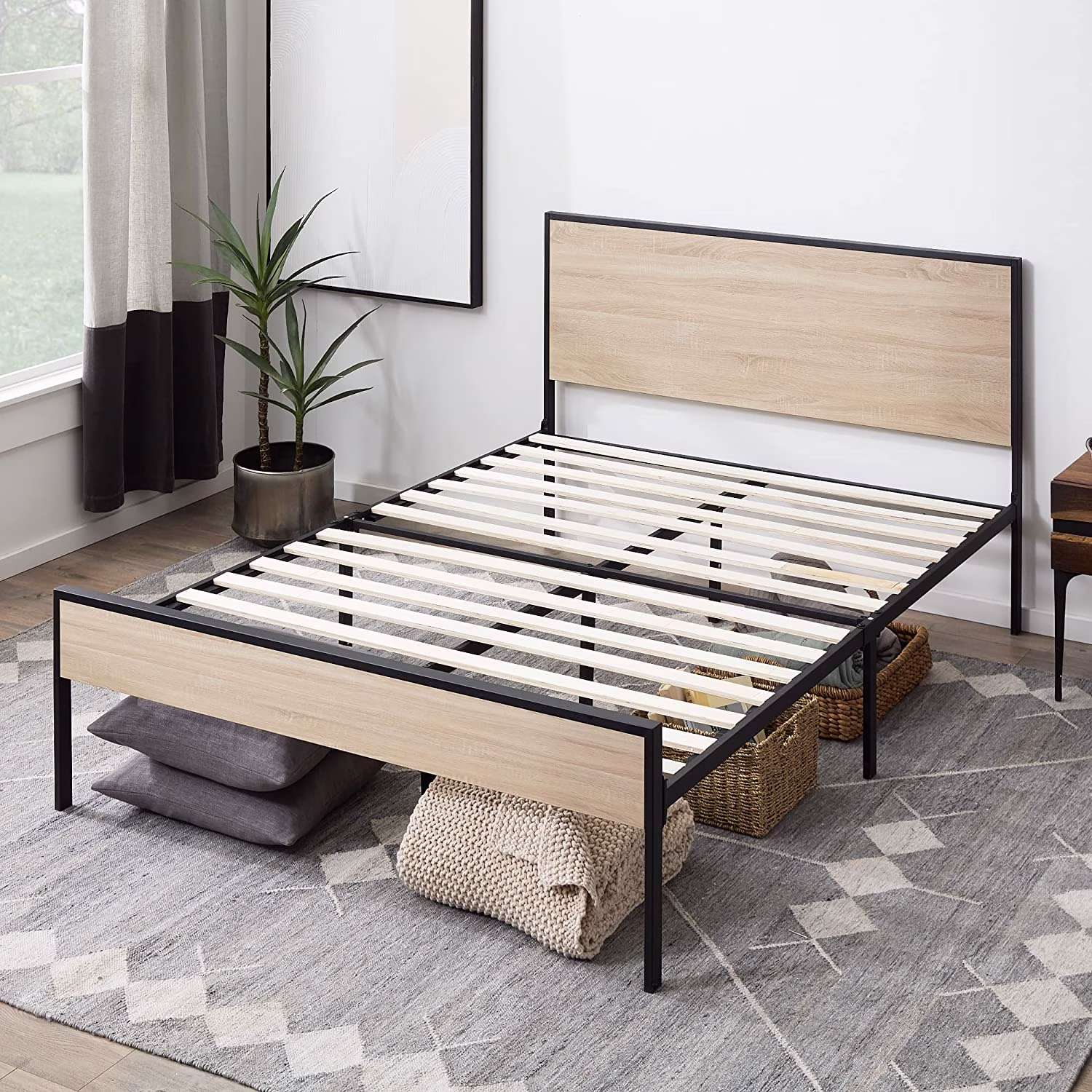 QCAI Bed Frame - Metal Platform Bed - Wood Headboard and Footboard - Box Spring Optional, Twin, White Oak