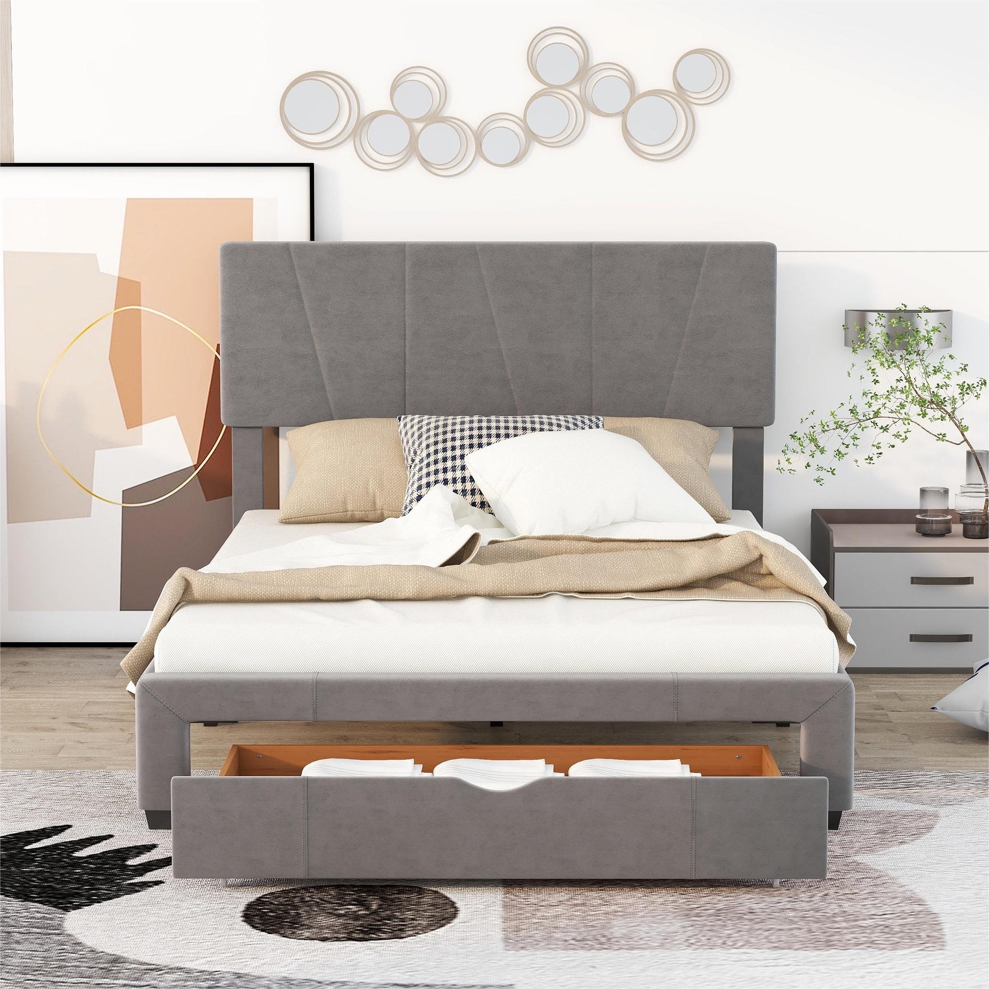 paproos Queen Upholstered Bed Frame, Storage Platform Bed with Adjustable Headboard, Floor Bed Frame with a Storage Drawer, Mattress Foundation, No Box Spring Needed, Easy Assembly