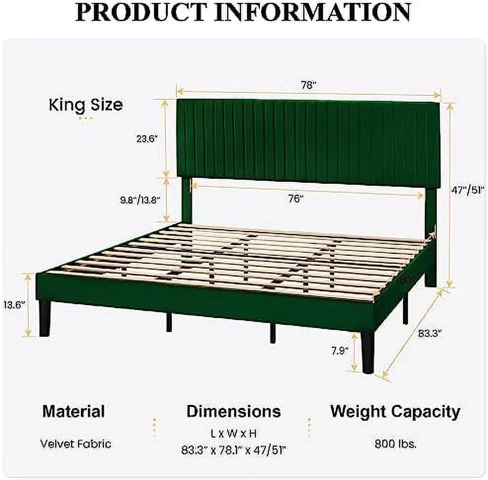 YZboomLife Queen Upholstered Platform Bed Frame with Vertical Channel Tufted Velvet Fabric Adjustable Headboard  Wooden Slats Support  Mattress Foundation  Box Spring Optional  Green