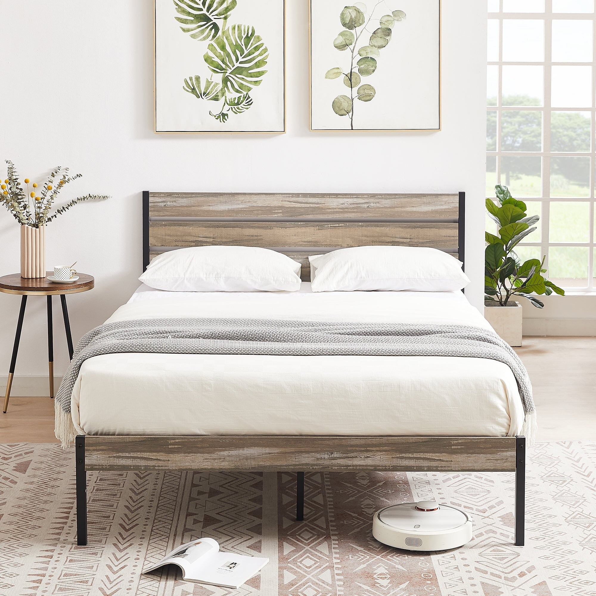 Industrial Platform Bed Frame with Wooden Headboard, Slate Queen