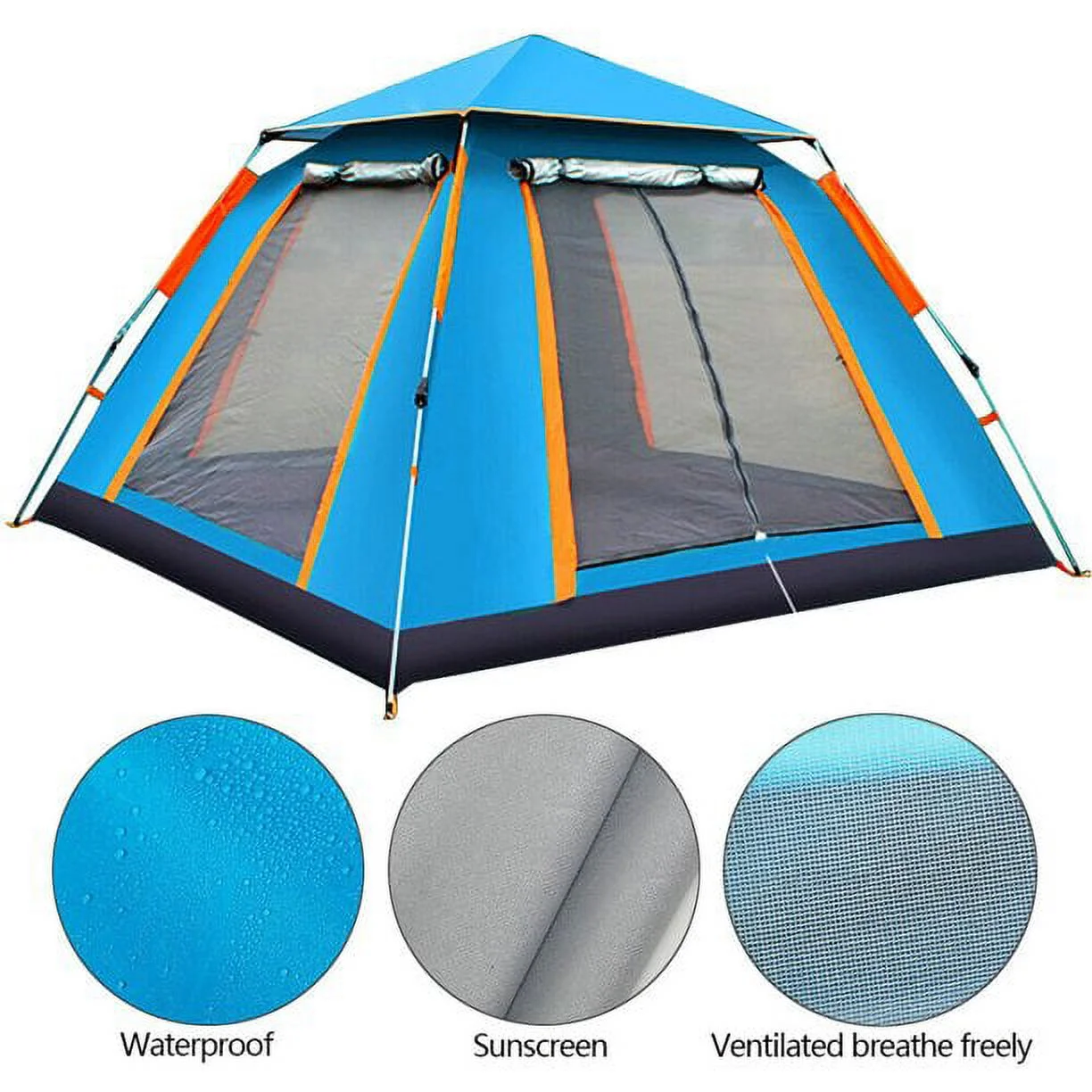 camping tent-One-touch tent with front room UV-proof, wind-proof and waterproof With mosquito cloth, pegs, rope and carrying bag-blue