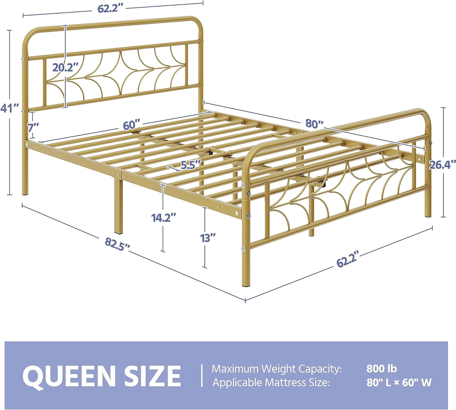 Queen Size Bed Frame Metal Platform Bed with Sparkling Star-Inspired Design Headboard, 13 Inch Underbed Storage, No Box Spring Needed, Easy Assembly, Modern, Antique Gold