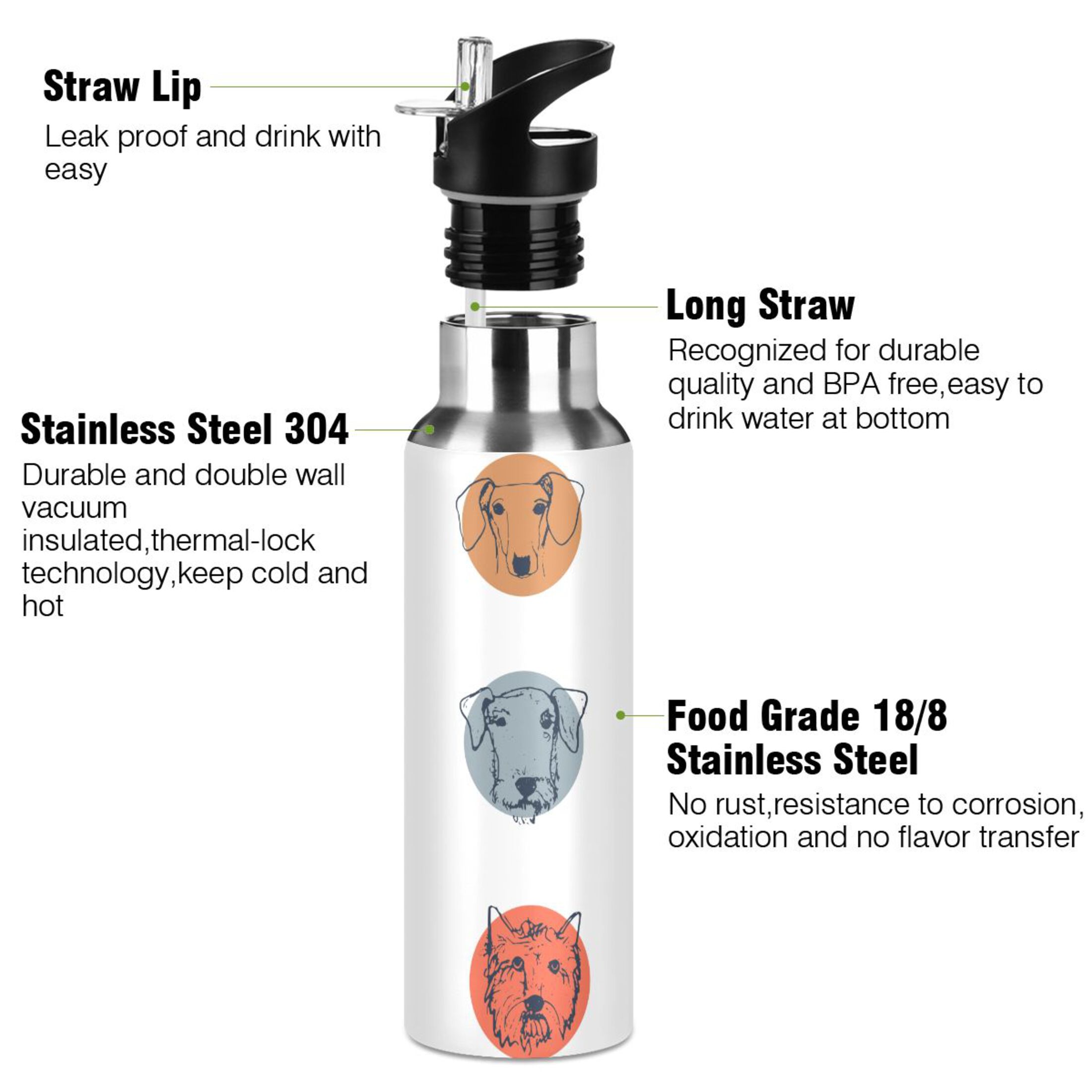 Water Bottle with Straw Lid Leak Cute Dogs Animal Stainless Steel Insulated Thermos Vacuum Flask for Cold Hot Drinking for Sports Camping Gym Yoga