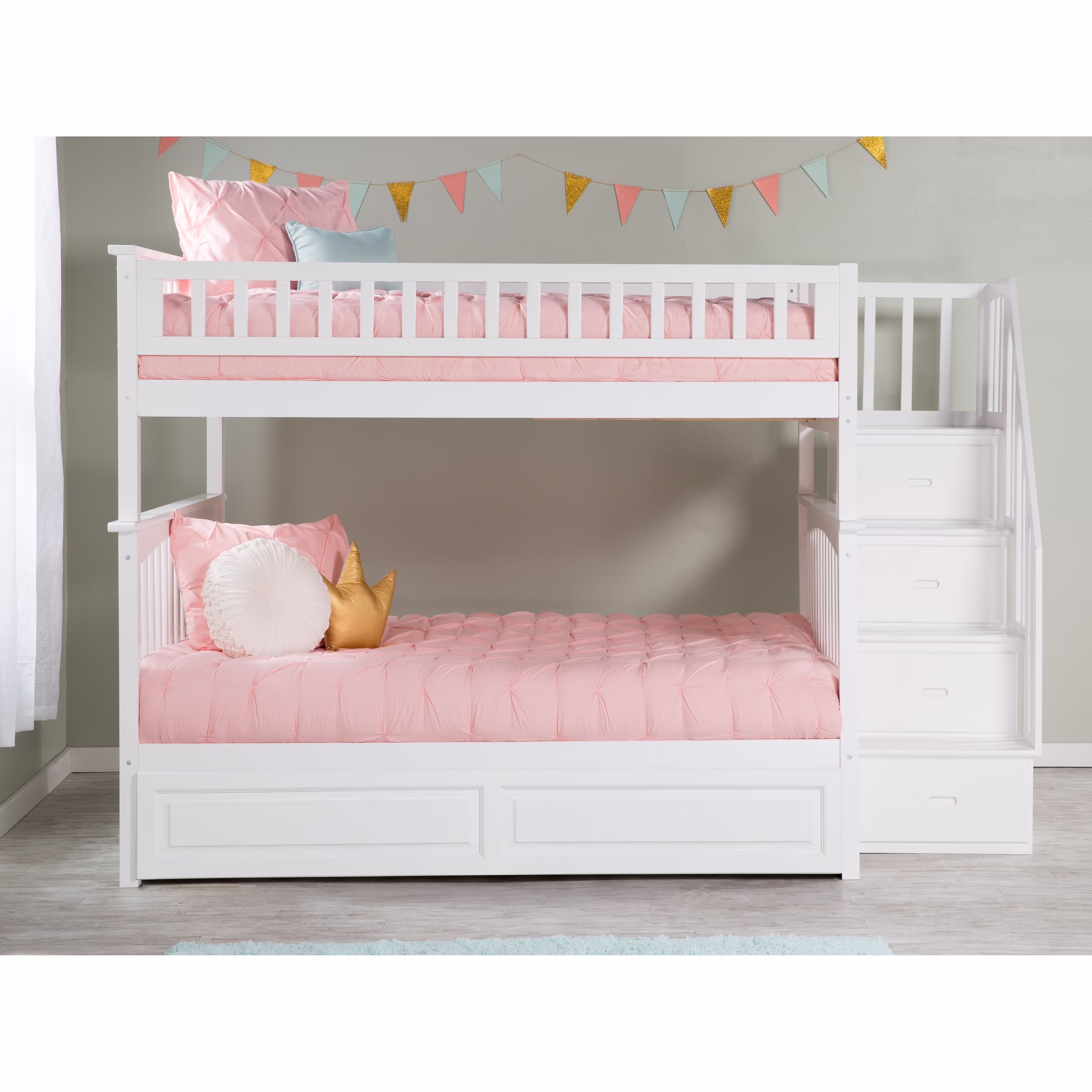 AFI Columbia Staircase Bunk Bed Full over Full with Twin Trundle in White