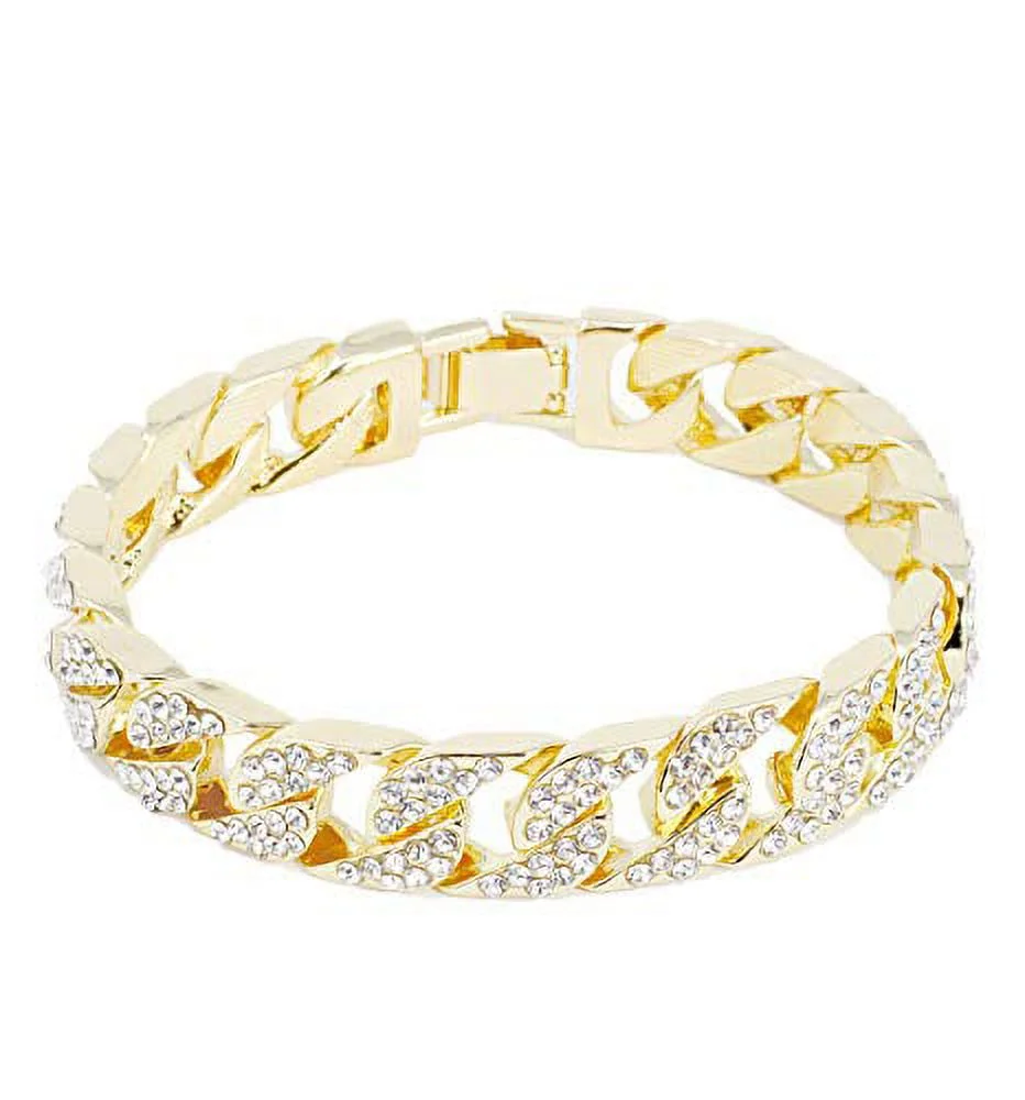 Bling-ed Out Oblong Case Mens PP Look Watch with Blood Red Dial, Matching Bling-ed Out Cuban Bracelet and King Ring Set - 8475 CR Cuban Set (9, Red - Gold)