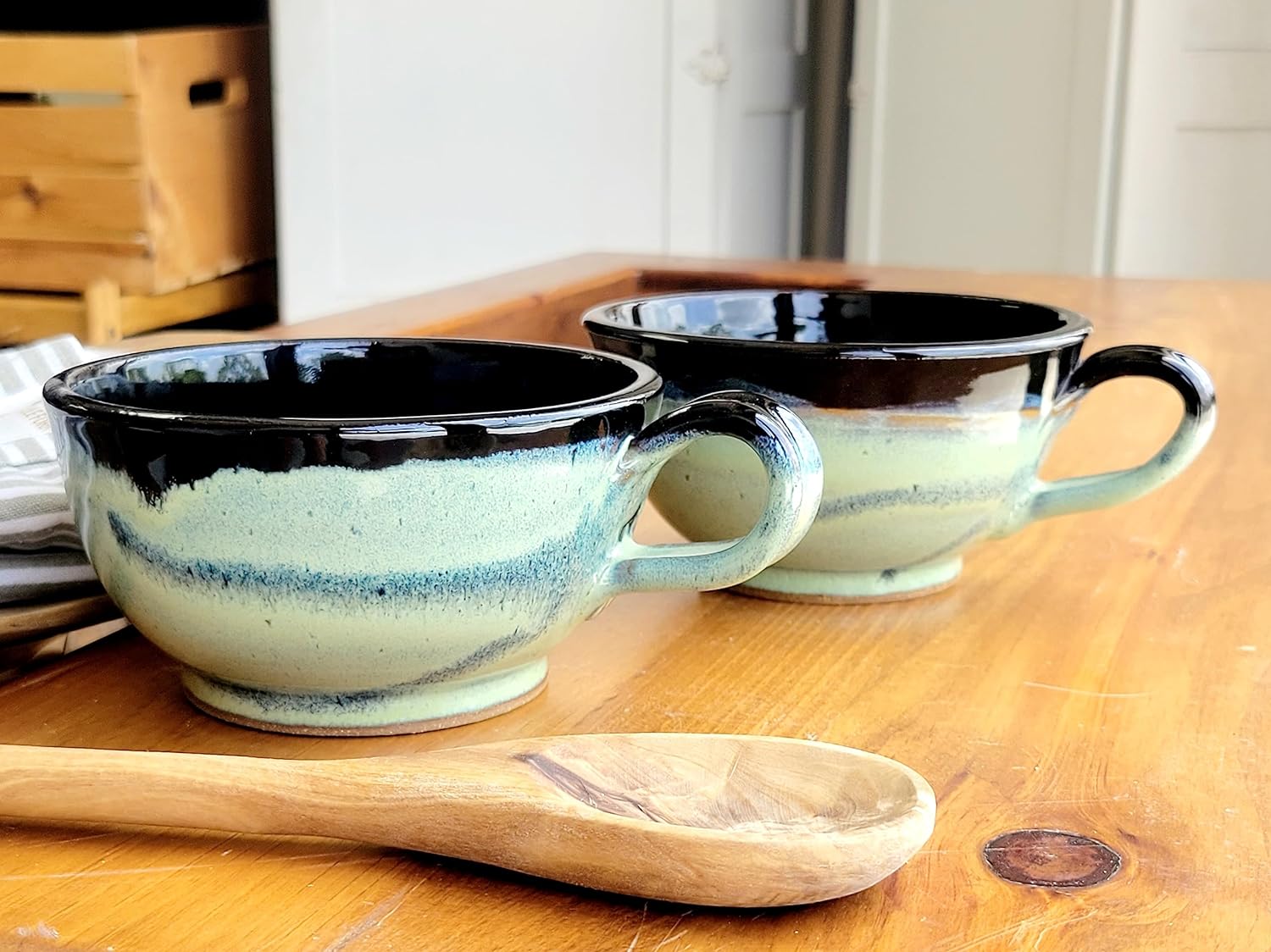 Farmhouse Soup Bowls With Handles Set Of 2 Deep Large - Hanging Kitchen Chowder Mugs - Handmade Pottery Decor (Green W/Black)