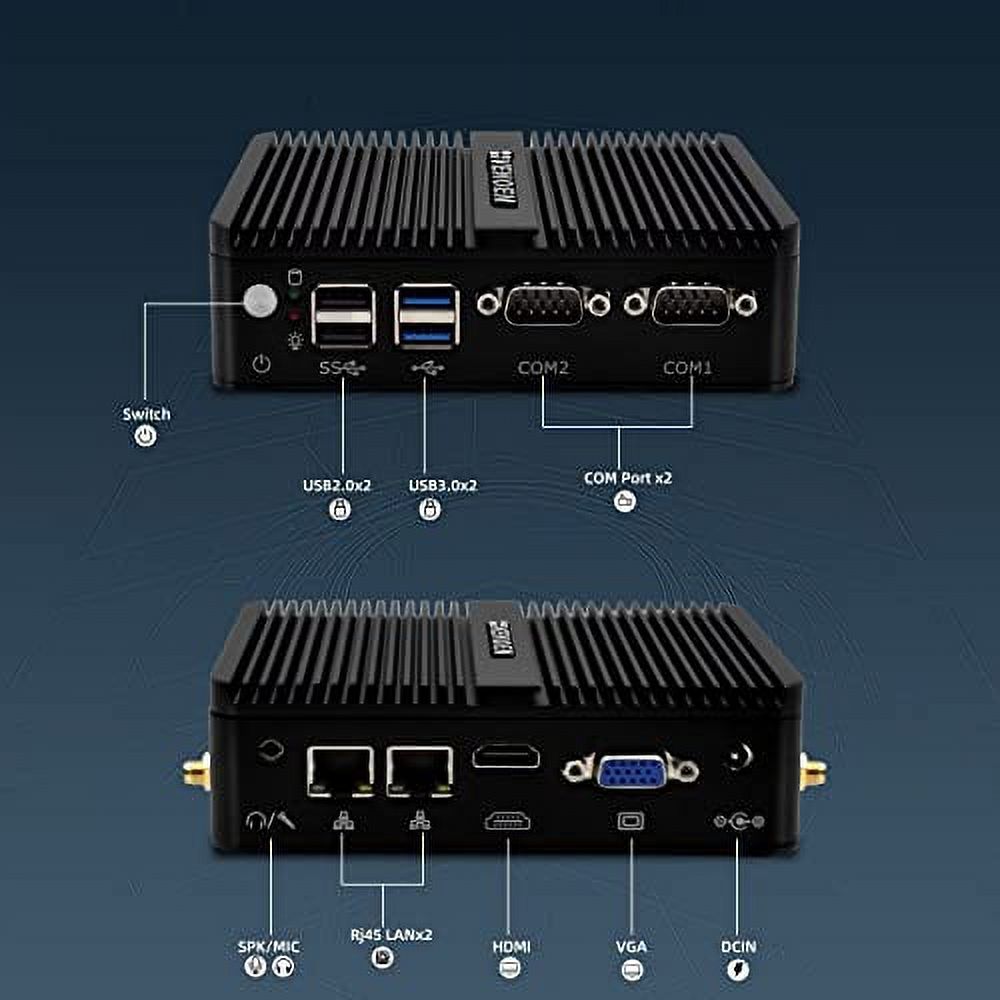 Mini PC Celeron J4125 Windows 11 pro, 32GB DDR4 RAM 512GB SSD, HD-MI, VGA, 4K Output, 2xRS232 COM, Dual Gigabit LAN, USB3.0, Dual Band WiFi, BT, Small Fanless Computer, Rugged Case, Auto Power On