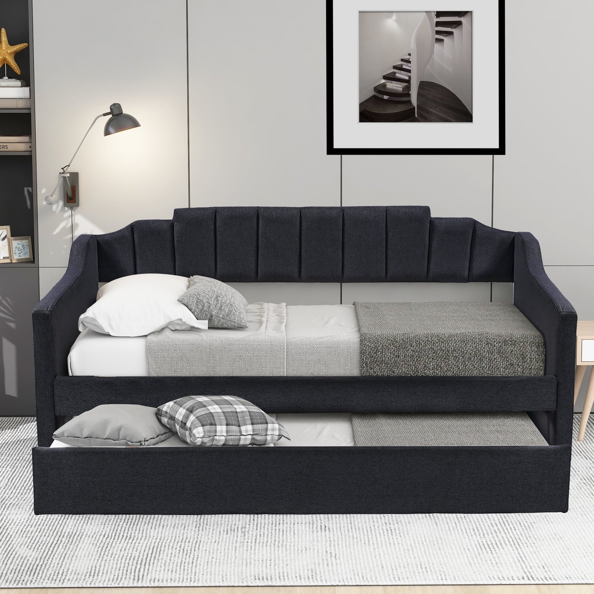 Leadzm Upholstered Twin Daybed with Trundle,Black