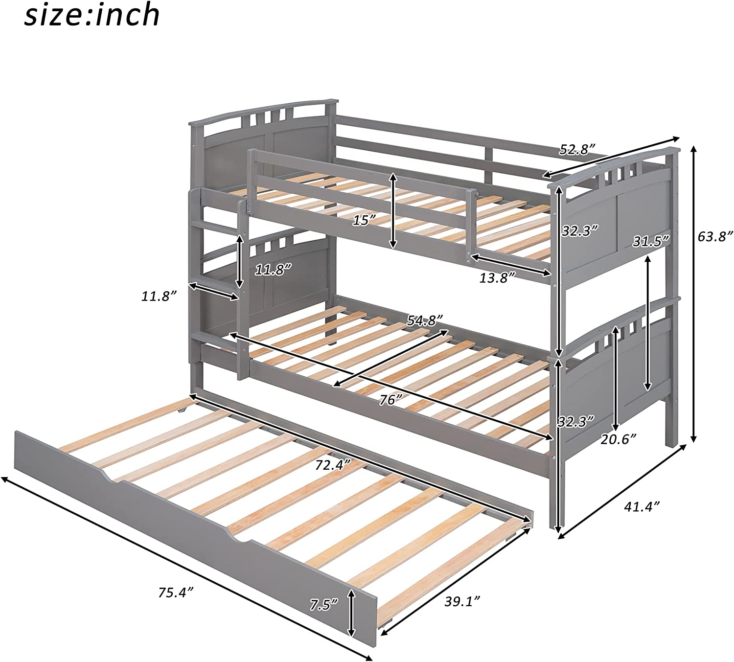 Wooden Bunk Bed With Trundle, Separable Bunk Bed Can Be Separated Into 2 Beds, Grey