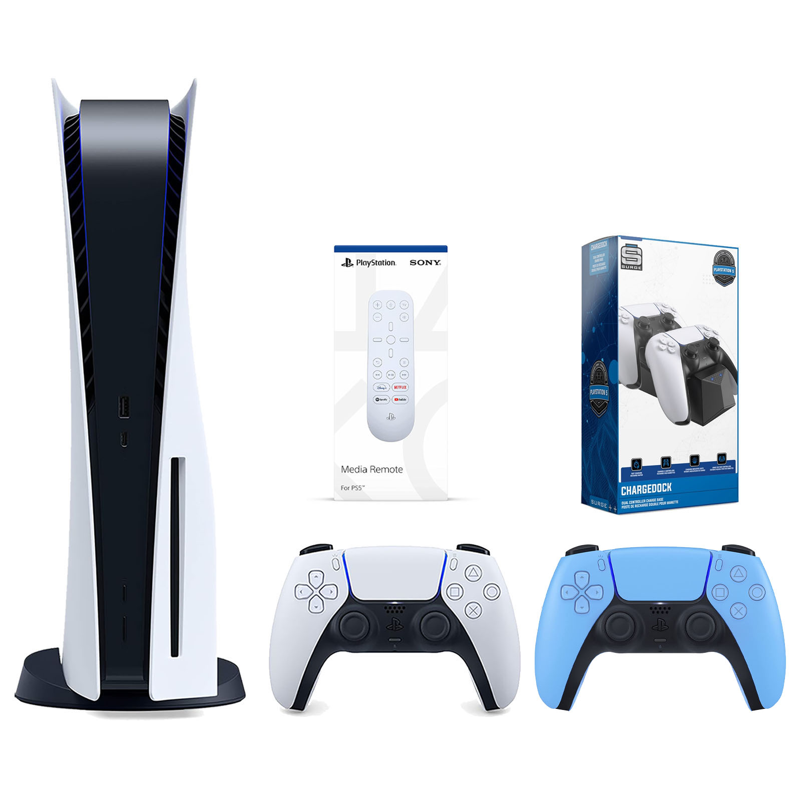 Sony Playstation 5 Disc Version Console with Extra Blue Controller, Media Remote and Surge Dual Controller Charge Dock Bundle