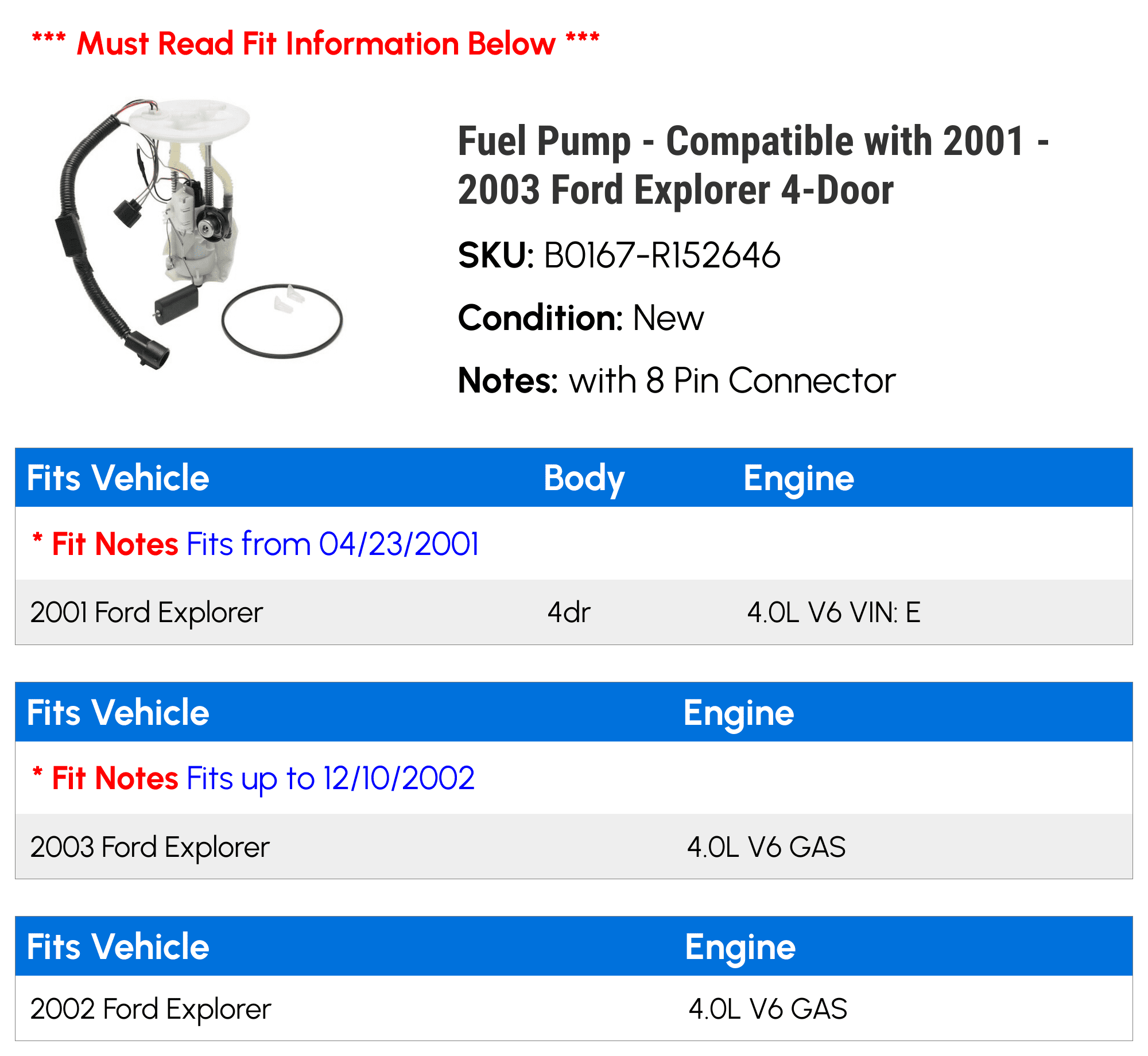 Fuel Pump - Compatible with 2001 - 2003 Ford Explorer 4-Door 2002
