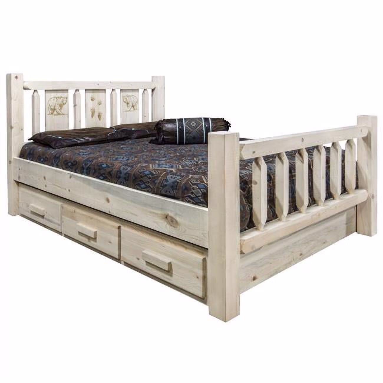 Homestead Collection Queen Size Storage Bed with Laser Engraved Bear Design, Clear Lacquer Finish